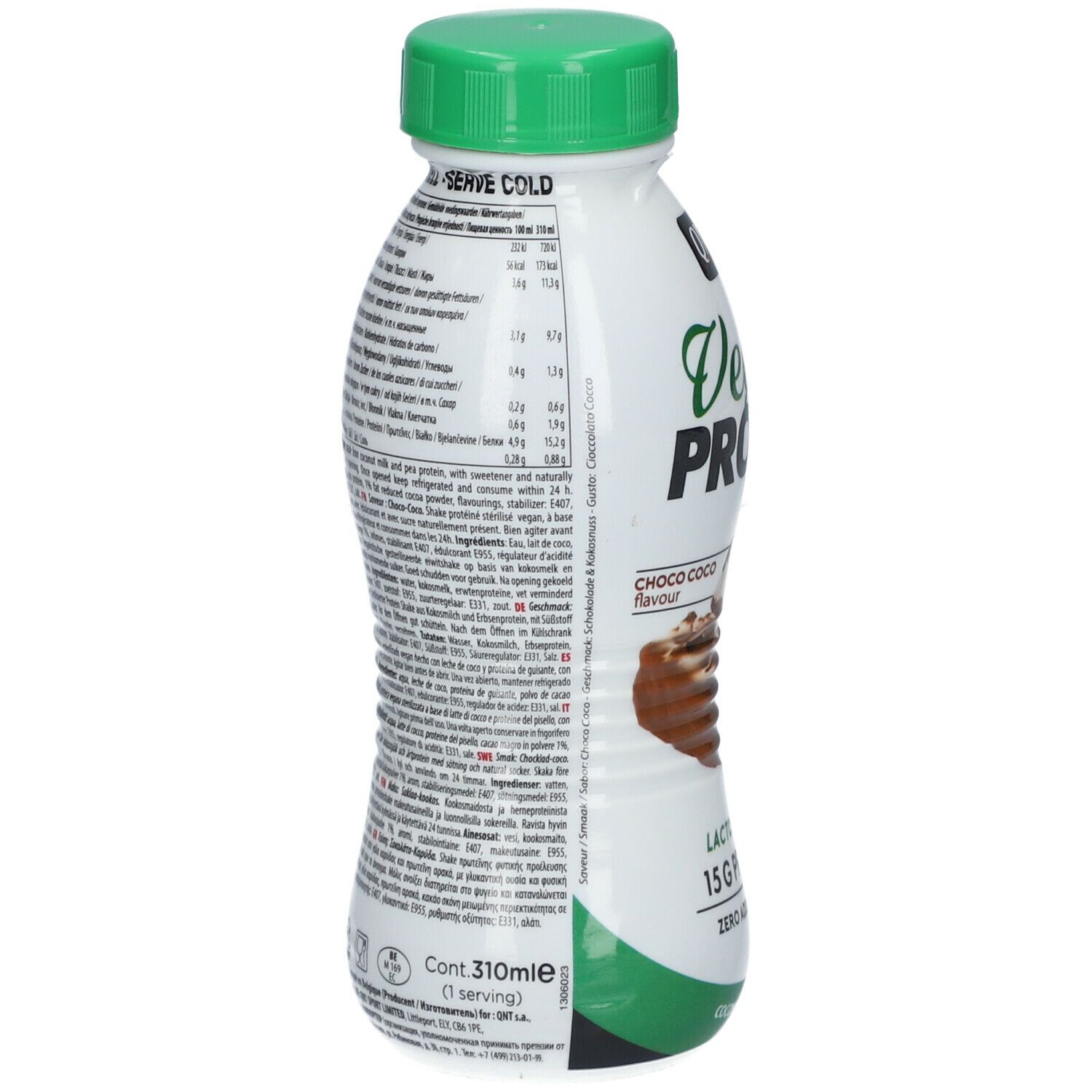 Bouteille avec étiquette. Texte: informations nutritionnelles, ingrédients, goût Choco Coco, 310ml. Bouchon et base verts.