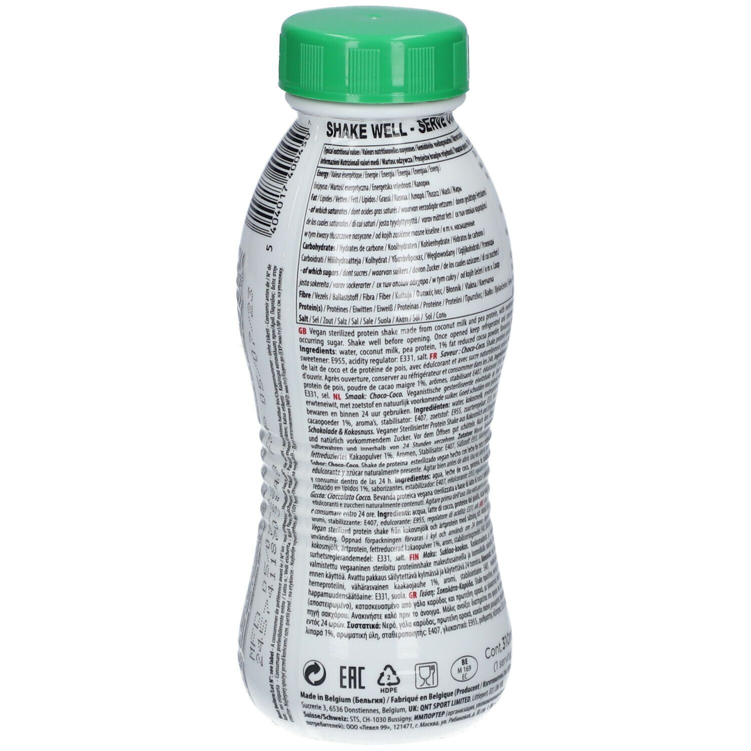 Bouteille avec étiquette. Texte: ingrédients, informations nutritionnelles, informations fabricant. Bouchon et base verts.