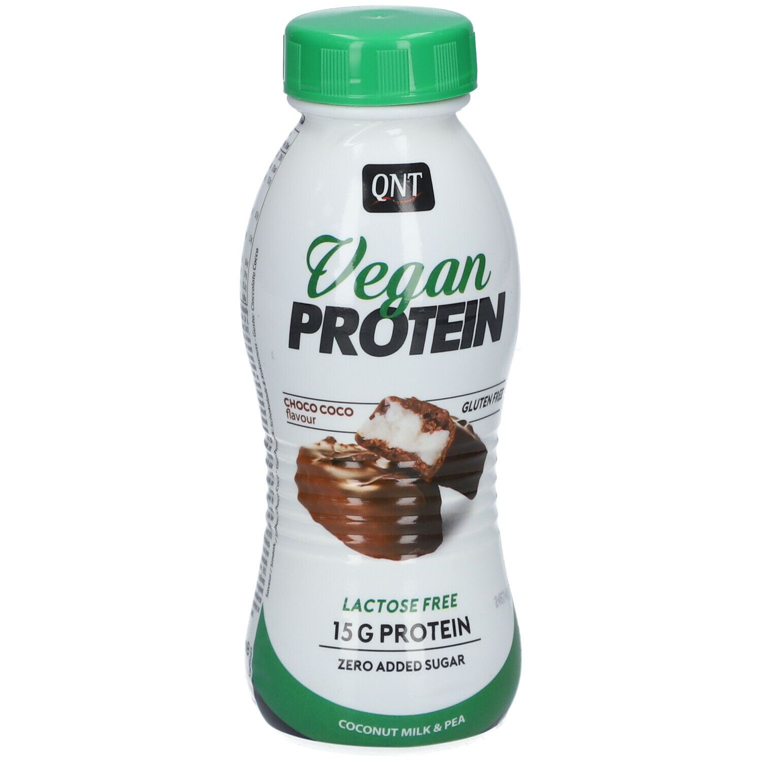 Bouteille blanche, bouchon vert. Inscription: Vegan Protein, Choco Coco, sans lactose, 15g protéines. Logo QNT.