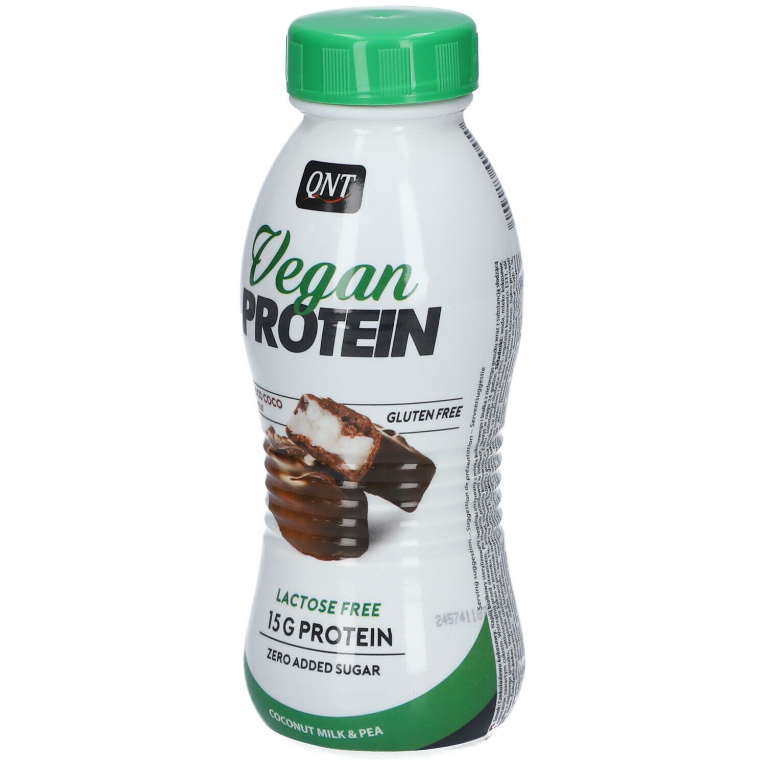 Bouteille blanche, bouchon vert. Inscription: Vegan Protein, Choco Coco, sans lactose, 15g protéines. Logo QNT.