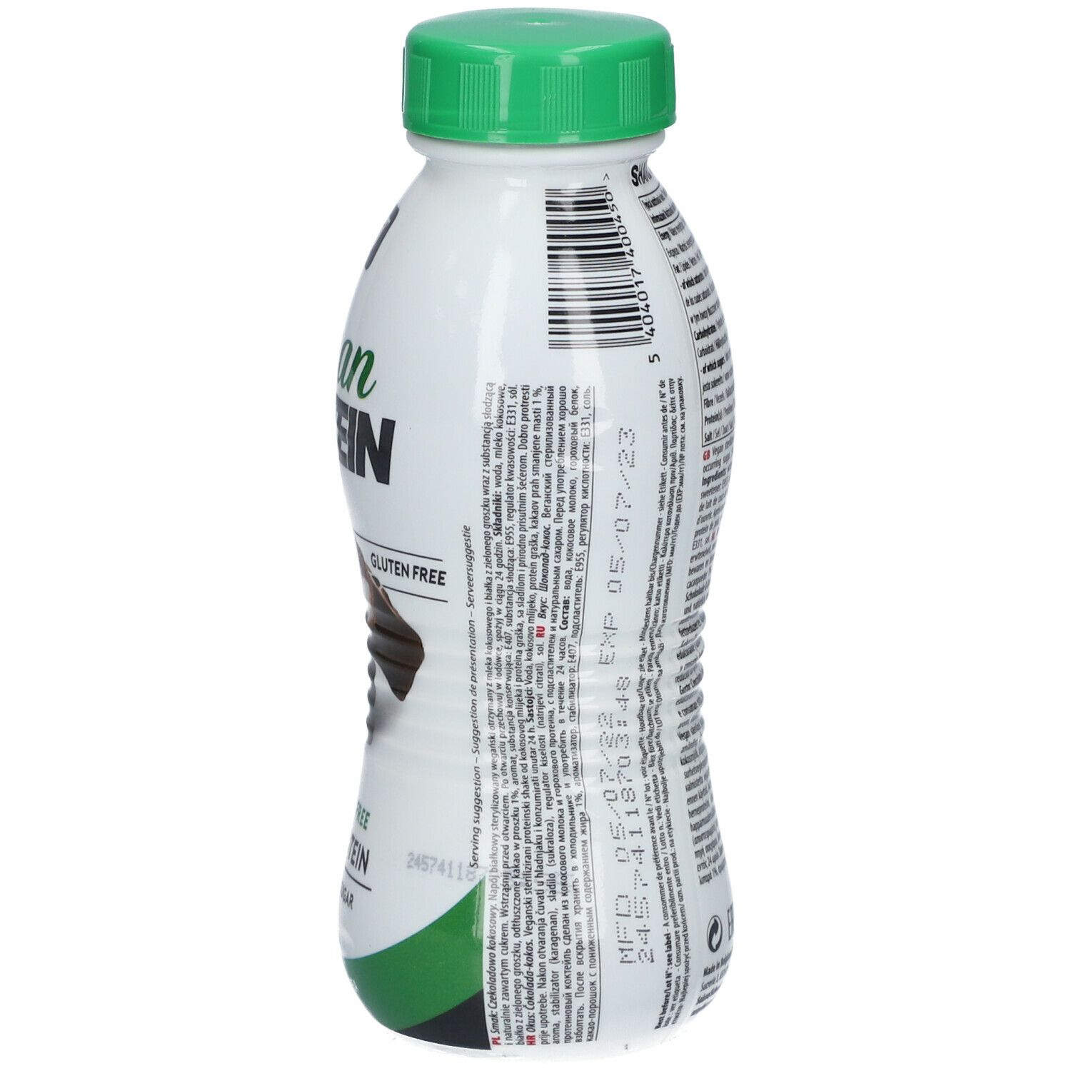 Bouteille avec étiquette. Texte: informations nutritionnelles, date limite, informations fabricant. Bouchon vert.