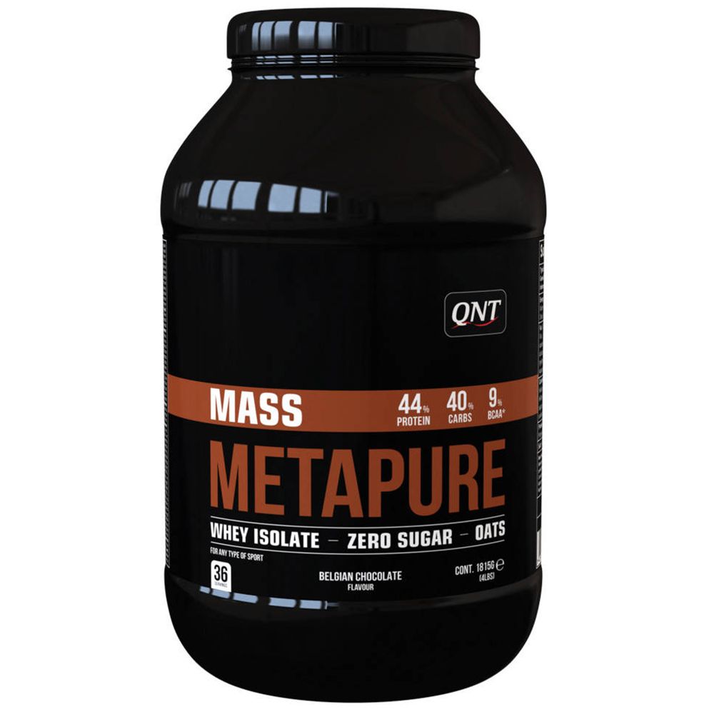 Pot noir QNT Metapure Mass. Inscription: Whey Isolate, Zero Sugar, Oats. Saveur: Belgian Chocolate. 36 portions.