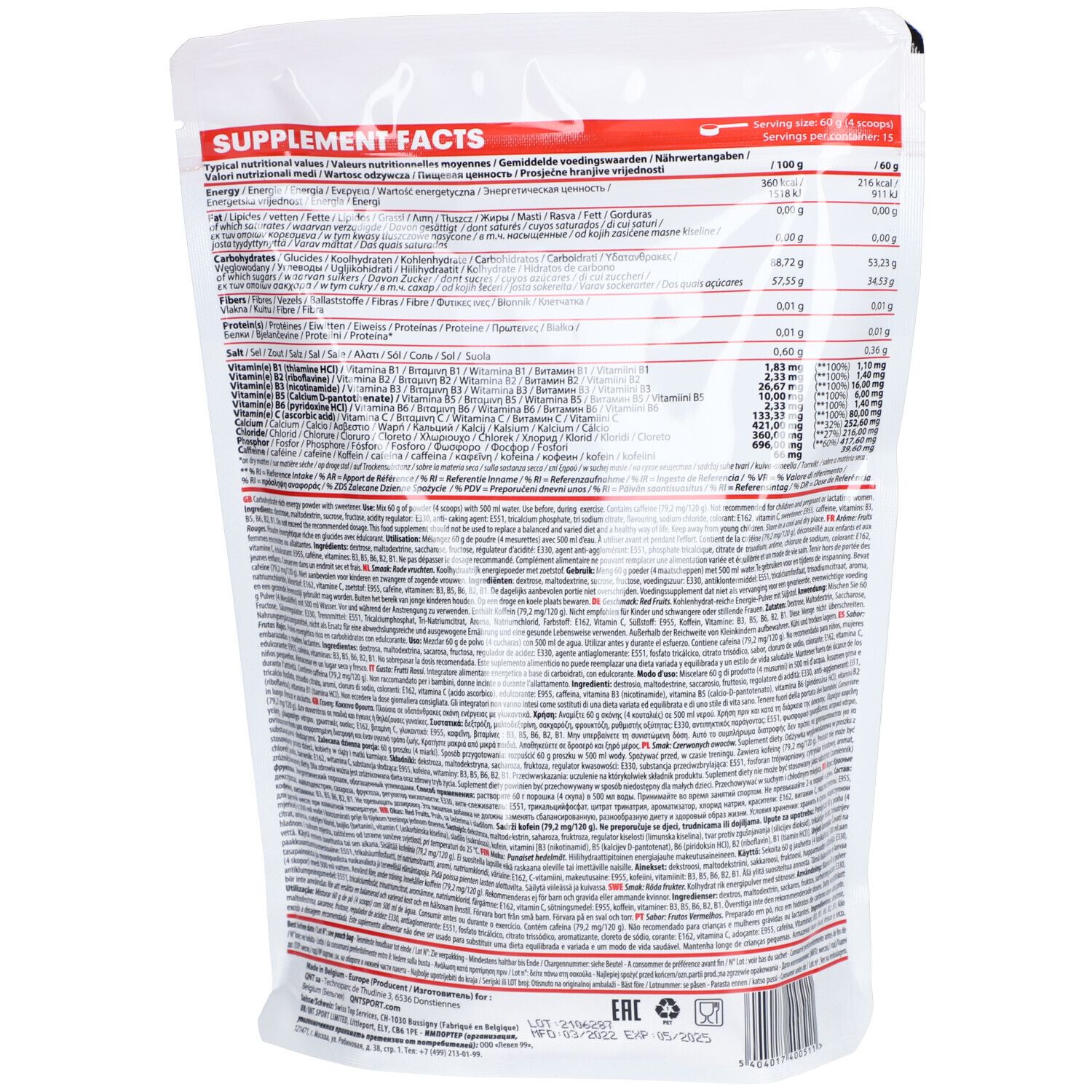 Dos du sachet avec informations nutritionnelles. Texte multilingue. Détails sur les ingrédients et les valeurs nutritionnelles.