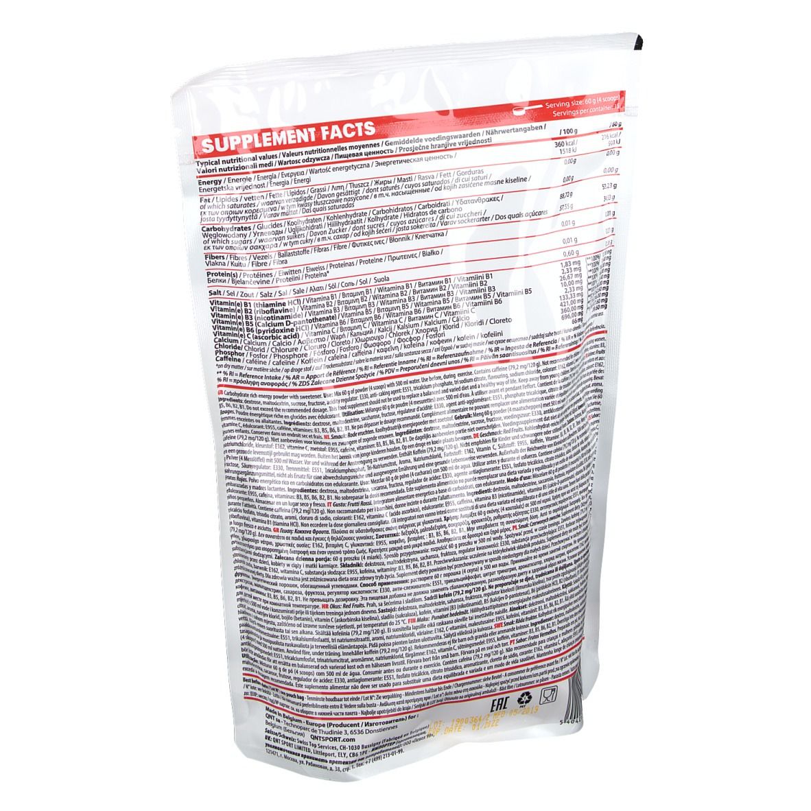 Dos du sachet avec informations nutritionnelles. Texte multilingue. Détails sur les ingrédients et les valeurs nutritionnelles.