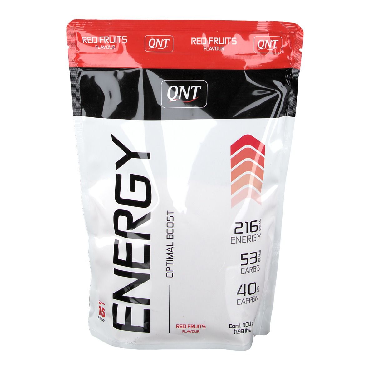 Sachet rouge et blanc. Inscription "QNT ENERGY Optimal Boost". Contient 216 énergie, 53 glucides, 40 caféine. Saveur "Red Fruits".