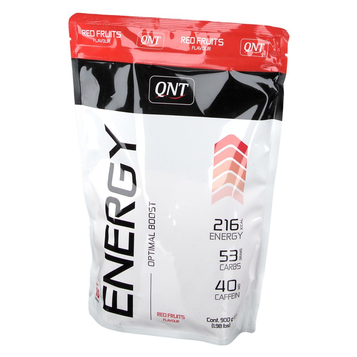 Sachet rouge et blanc. Inscription "QNT ENERGY Optimal Boost". Contient 216 énergie, 53 glucides, 40 caféine. Saveur "Red Fruits".