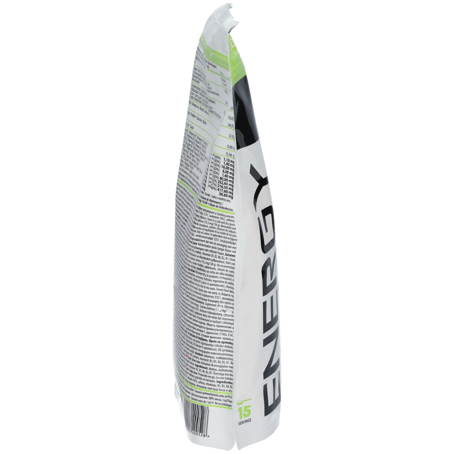 Vue latérale du sachet QNT Energy. Texte : Énergie, 215 énergie, 53 glucides, 40 caféine. Liste des ingrédients.