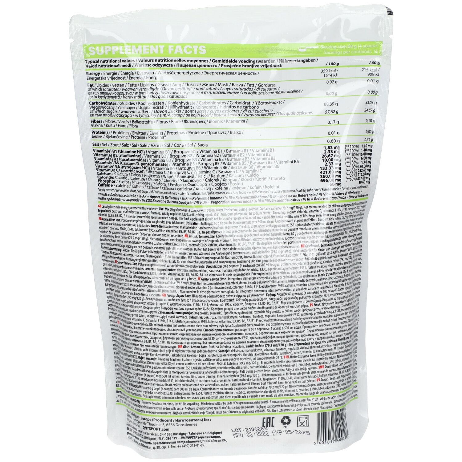 Dos du sachet QNT Energy. Contient informations nutritionnelles, liste ingrédients, informations fabricant et code EAN.