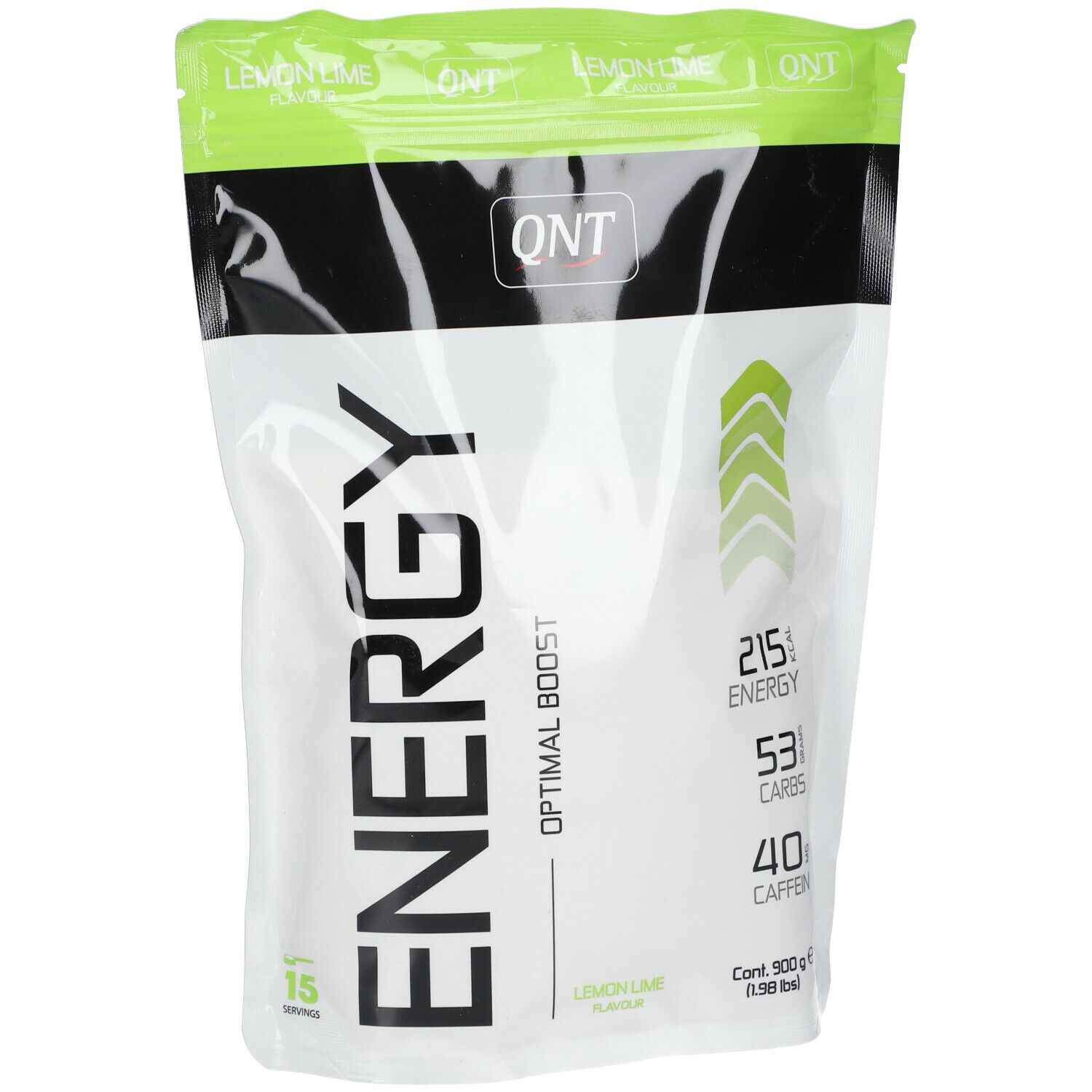 Sachet QNT Energy, goût citron vert. Contient 215 énergie, 53 glucides, 40 caféine. 15 portions.