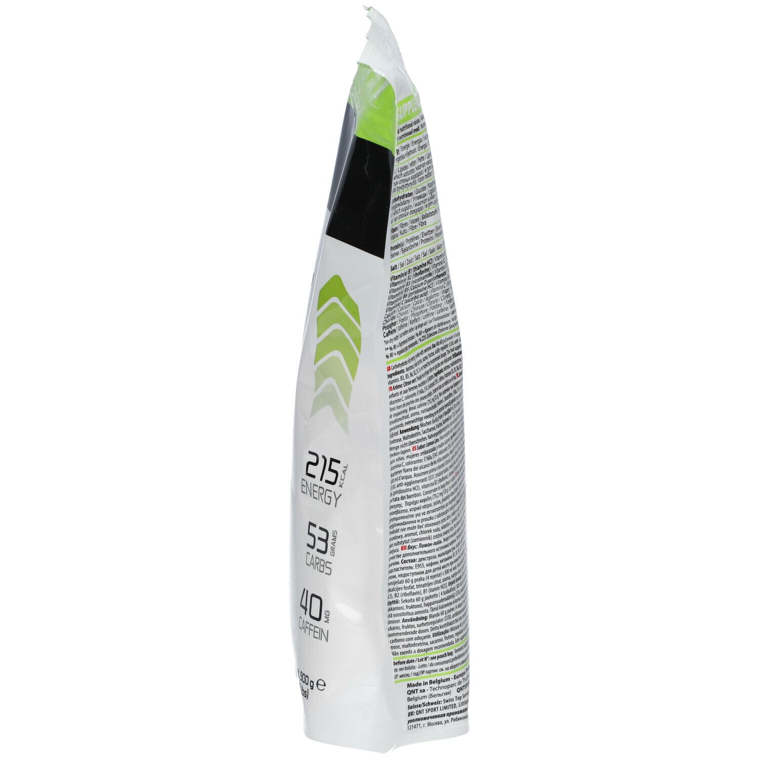 Vue latérale du sachet QNT Energy. Texte : Énergie, 215 énergie, 53 glucides, 40 caféine. Liste des ingrédients.