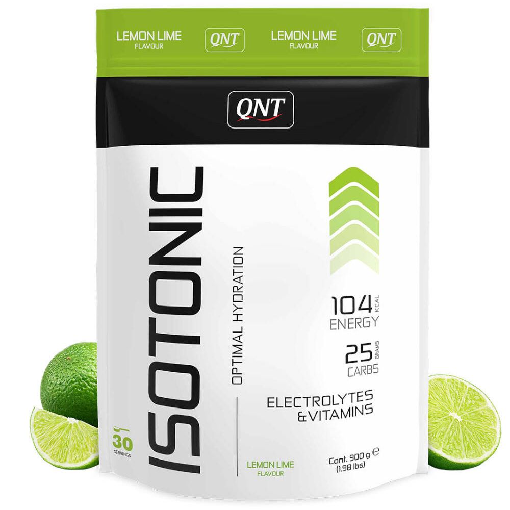 QNT Isotonic Lemon Lime. Sachet avec image du produit, citrons verts. Texte: Isotonic, 104 kcal, 25 glucides, électrolytes et vitamines.