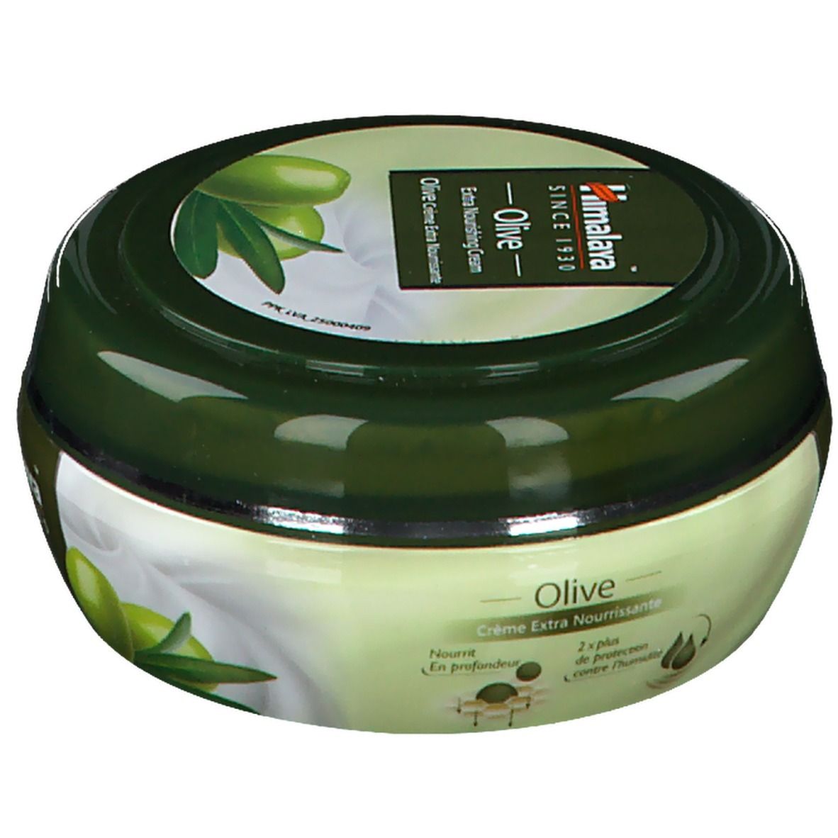 Pot rond, couvercle vert. Inscription: Himalaya Olive Crème Extra Nourrissante. Illustration d'olives et de feuilles.
