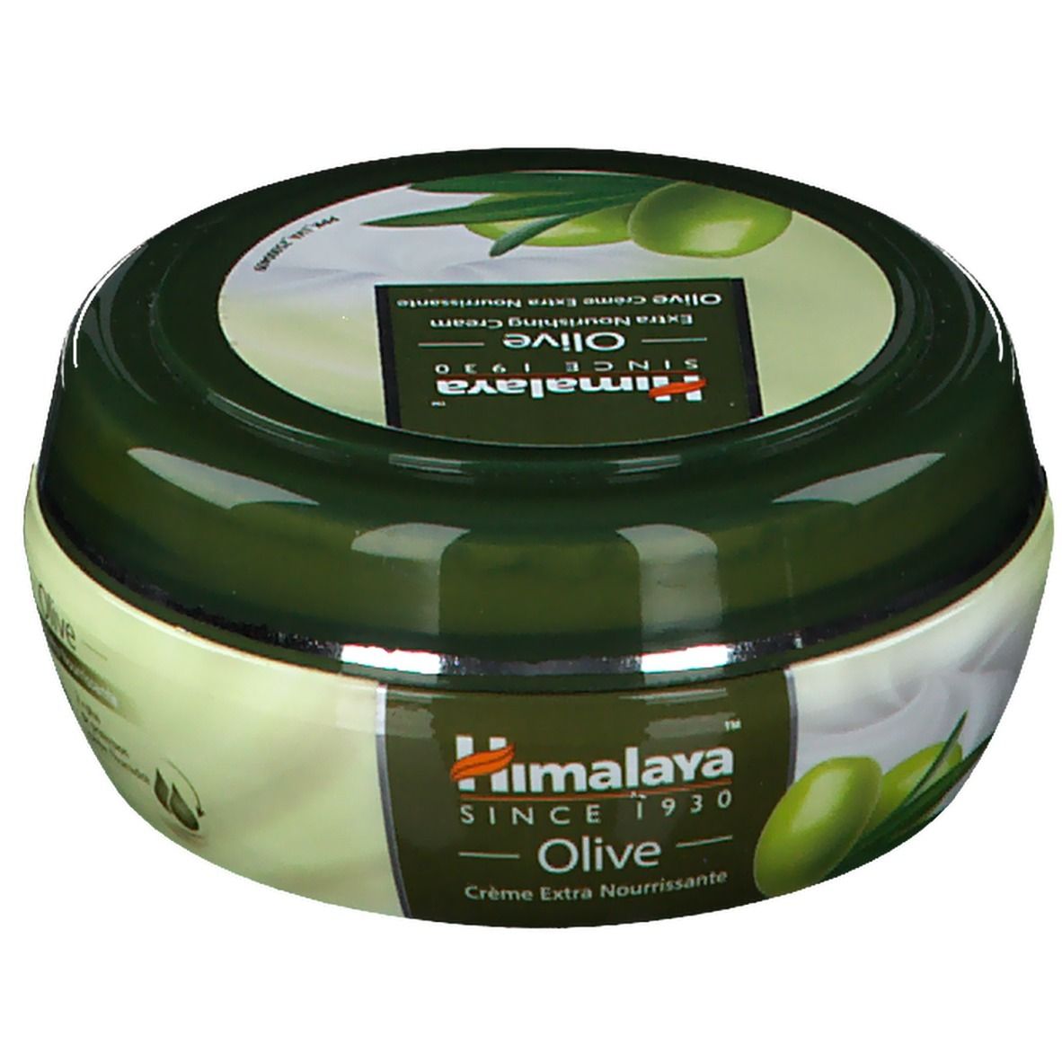 Pot rond, couvercle vert. Inscription: Himalaya Olive Crème Extra Nourrissante. Illustration d'olives et de feuilles.