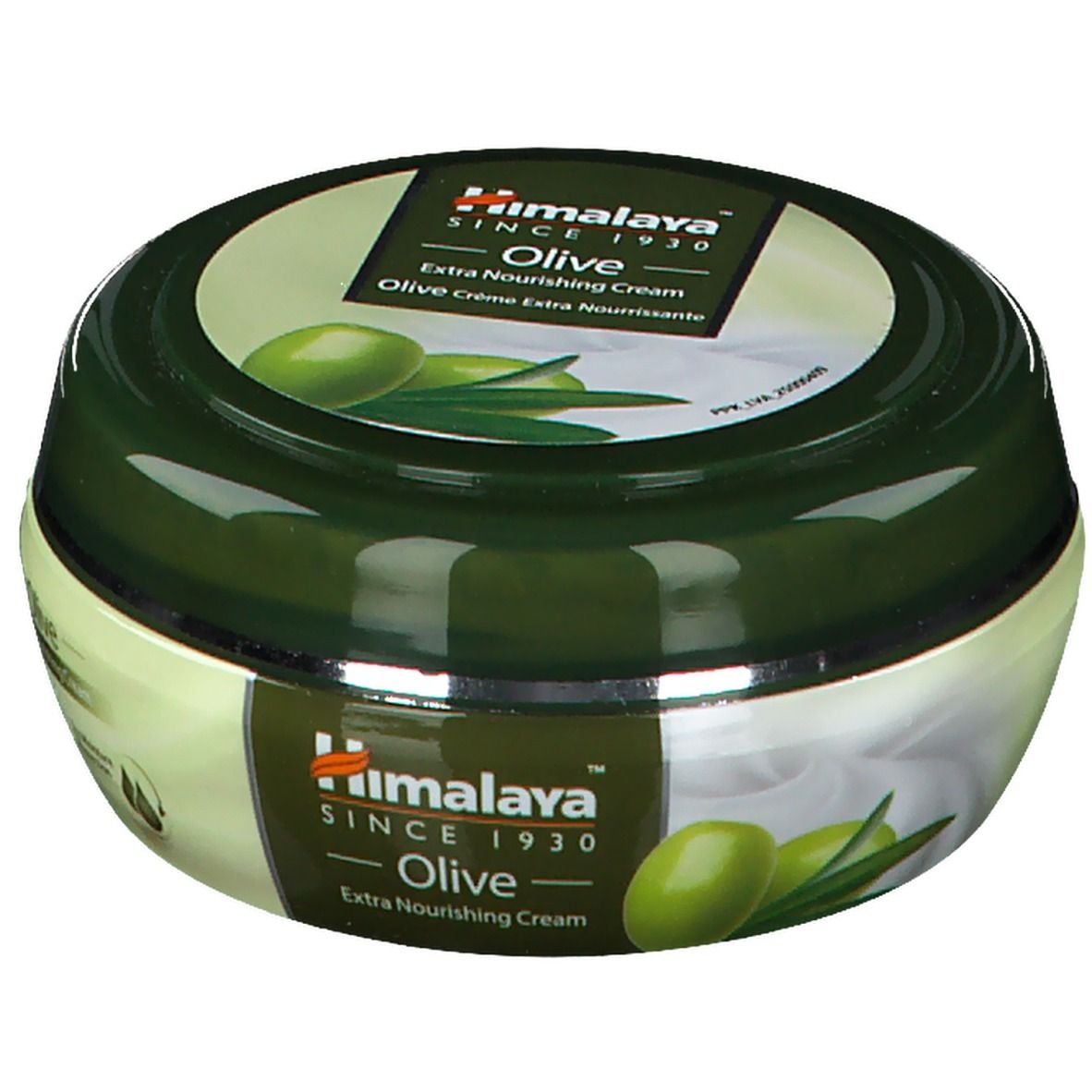 Pot rond, couvercle vert. Inscription: Himalaya Olive Crème Extra Nourrissante. Illustration d'olives et de feuilles.