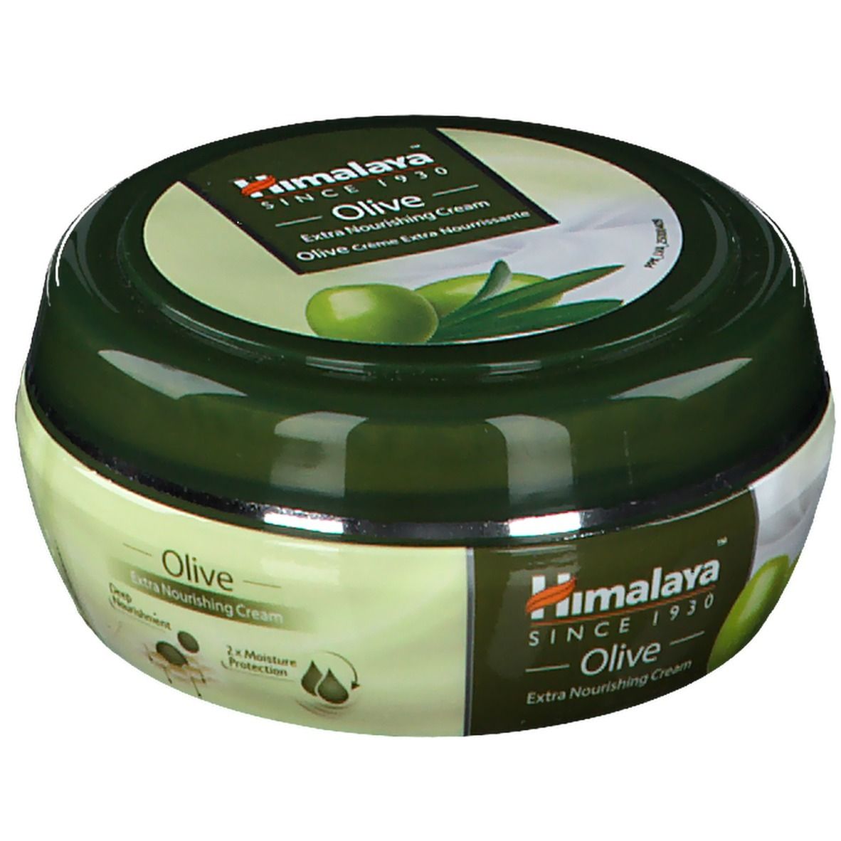Pot rond, couvercle vert. Inscription: Himalaya Olive Crème Extra Nourrissante. Illustration d'olives et de feuilles.