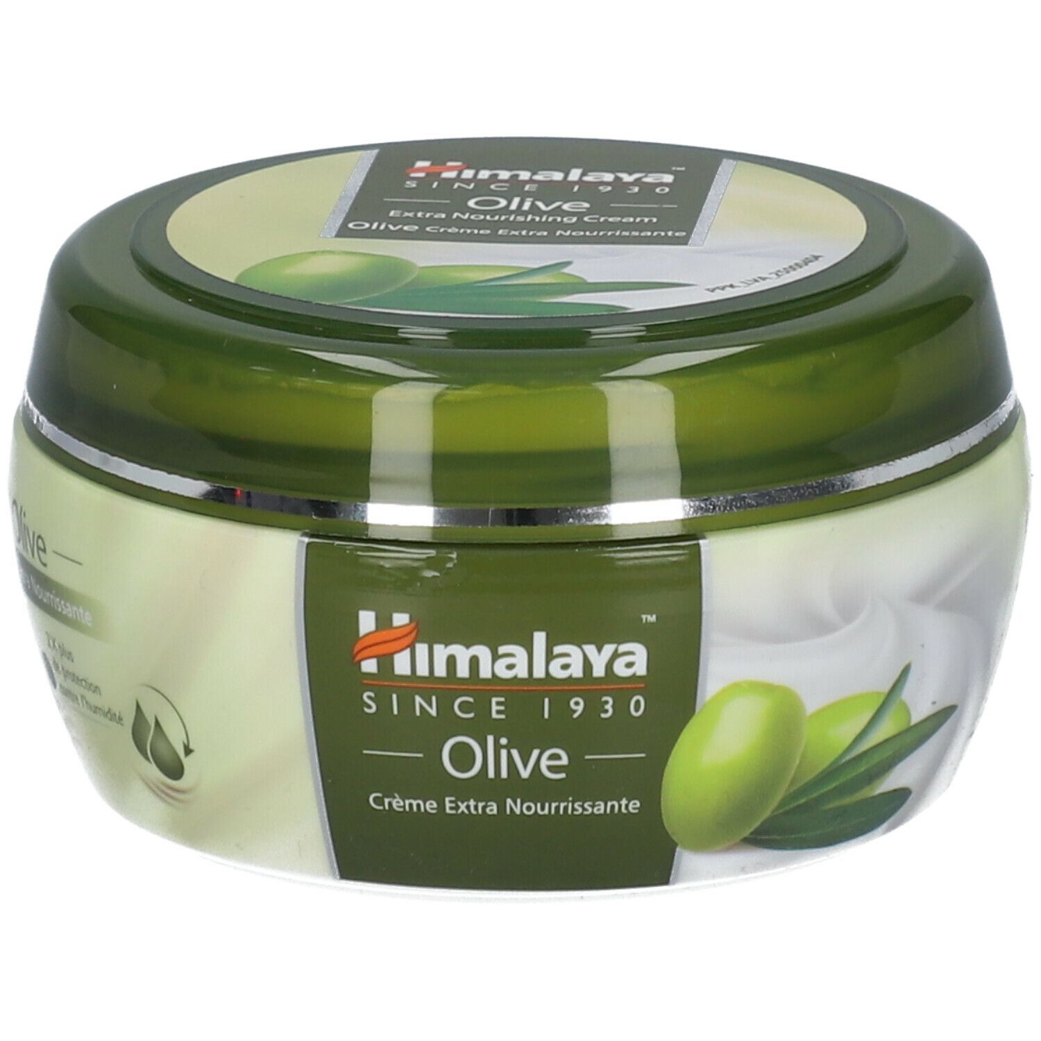 Pot de crème vert avec illustrations d'olives et texte Himalaya Olive. Couvercle avec motif d'olives.