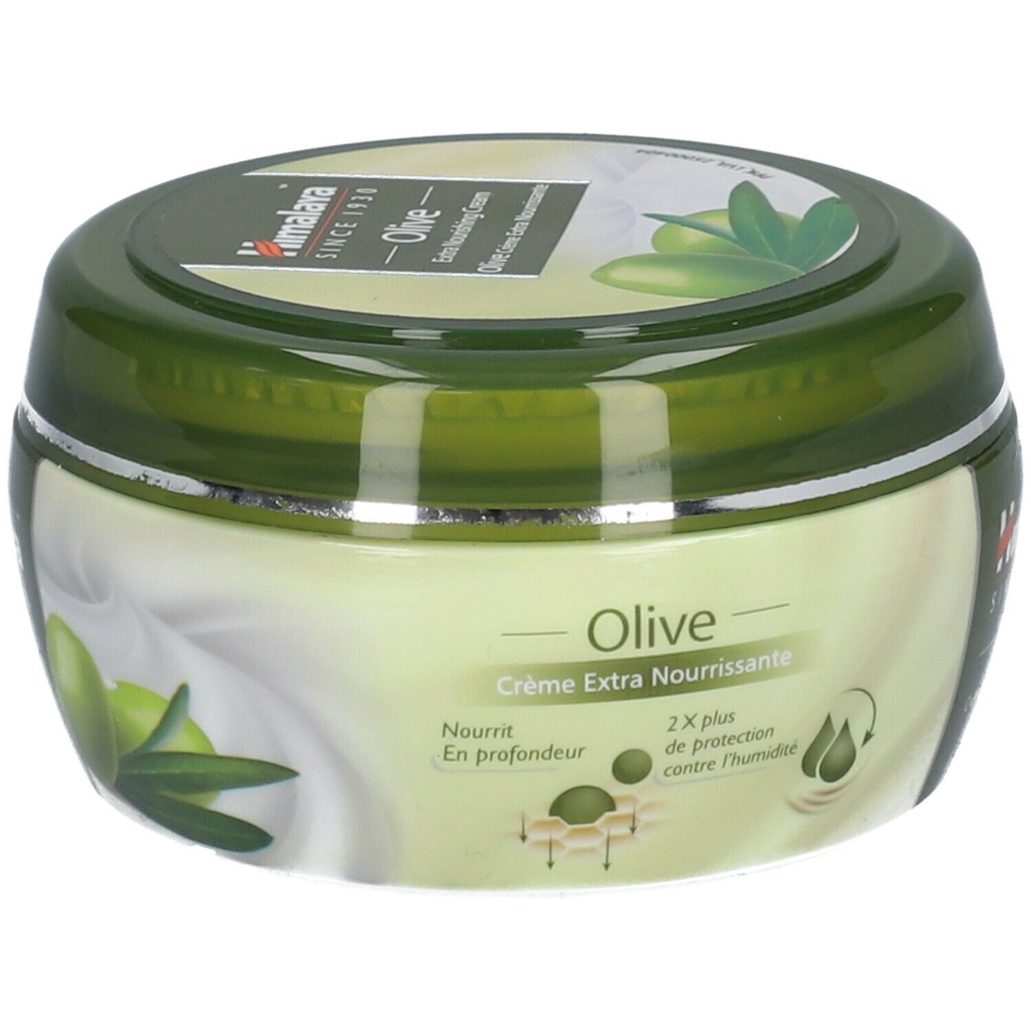Pot de crème vert avec illustrations d'olives et texte Himalaya Olive. Texte: Crème Extra Nourrissante.