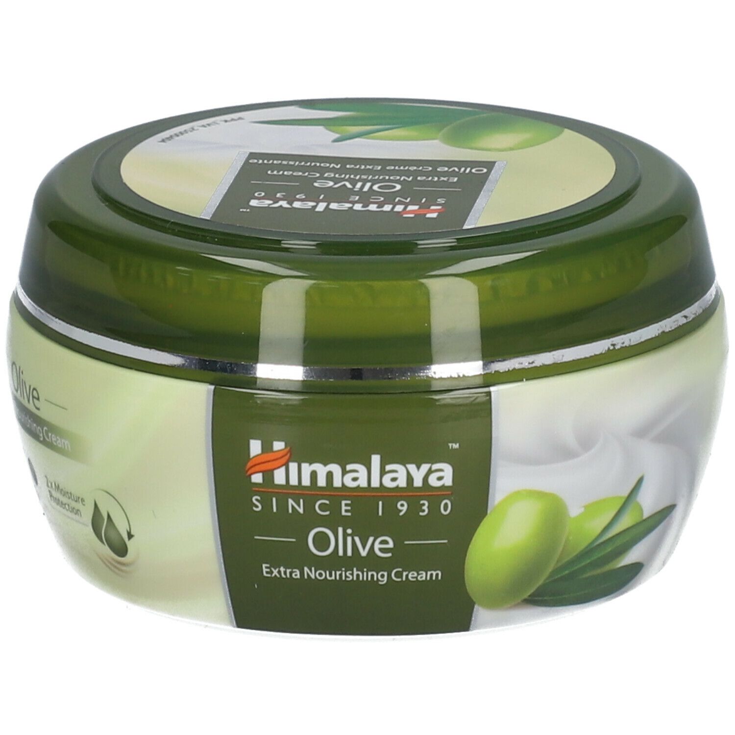 Pot de crème vert avec illustrations d'olives et texte Himalaya Olive. Couvercle avec motif d'olives.