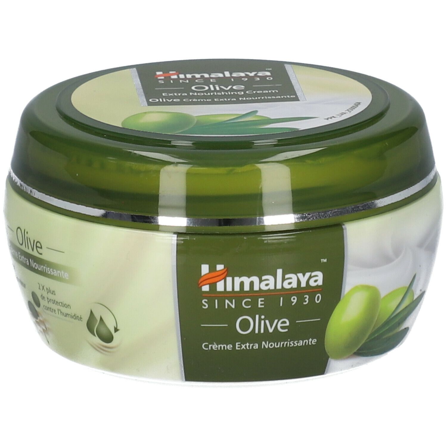Pot de crème vert avec illustrations d'olives et texte Himalaya Olive. Texte: Crème Extra Nourrissante.