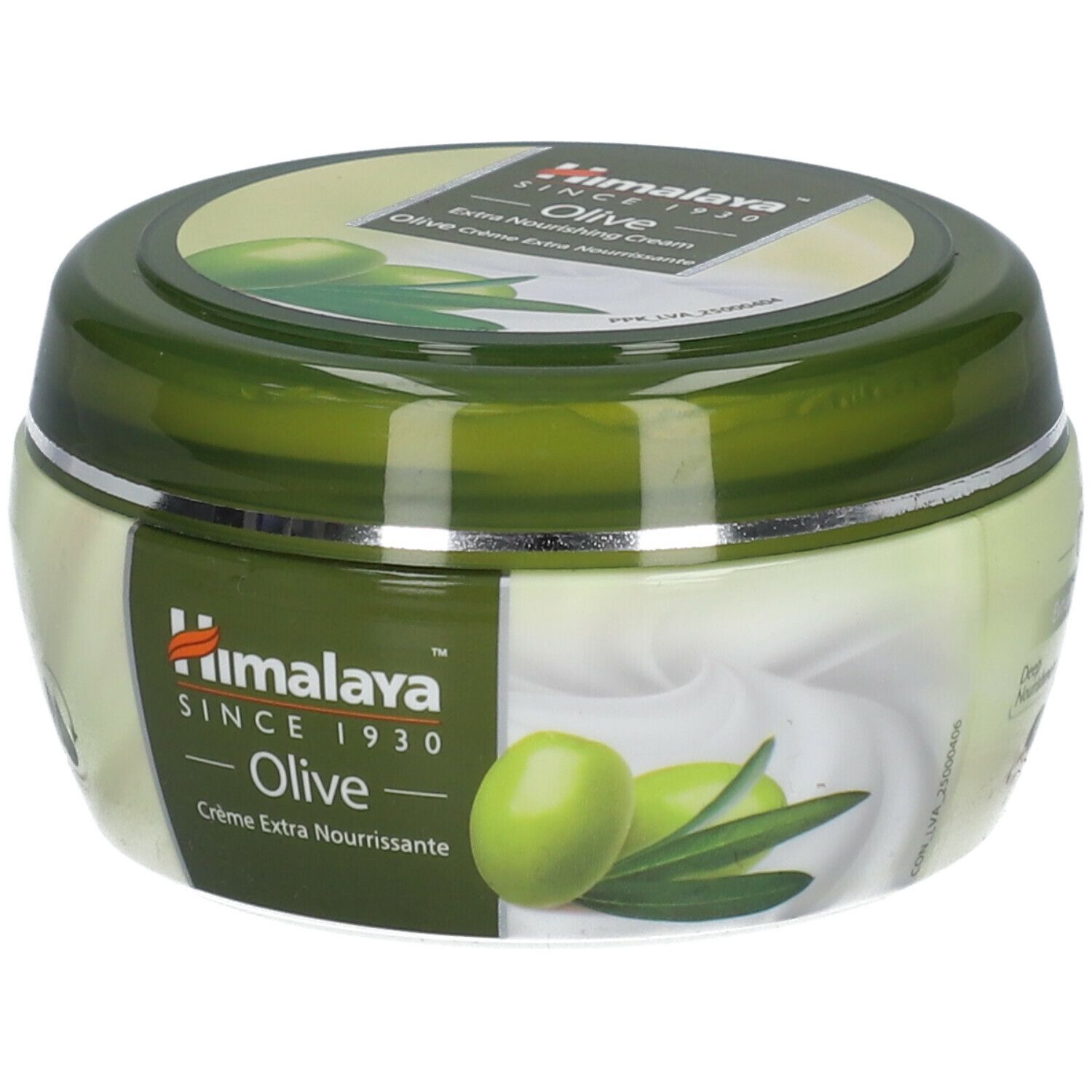 Pot de crème vert avec illustrations d'olives et texte Himalaya Olive. Texte: Crème Extra Nourrissante.