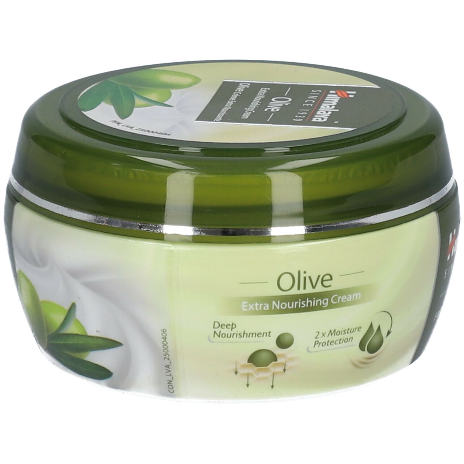Pot de crème vert avec illustrations d'olives et texte Himalaya Olive. Texte: Extra Nourishing Cream.