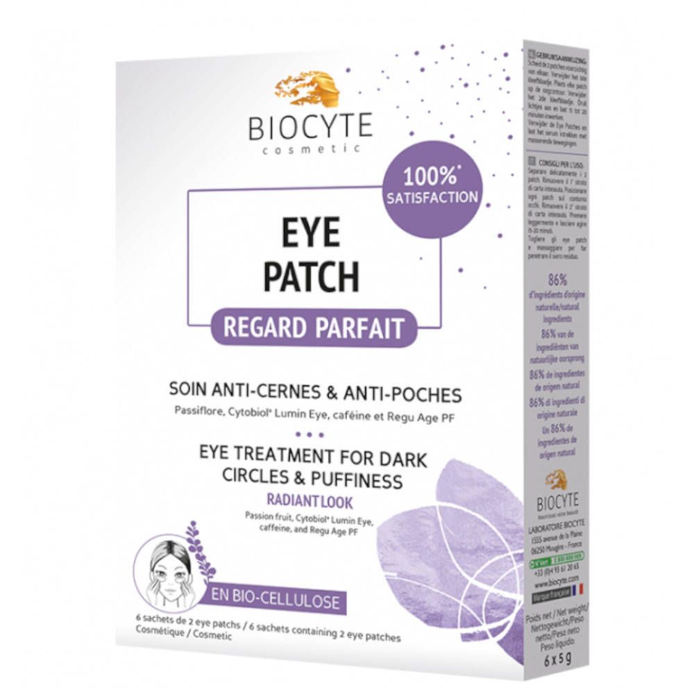 Boîte BIOCYTE Eye Patch®. Contient 6 sachets de 2 patchs. Inscription : Eye Patch, Regard Parfait, Soin anti-cernes & anti-poches. 100% satisfaction.