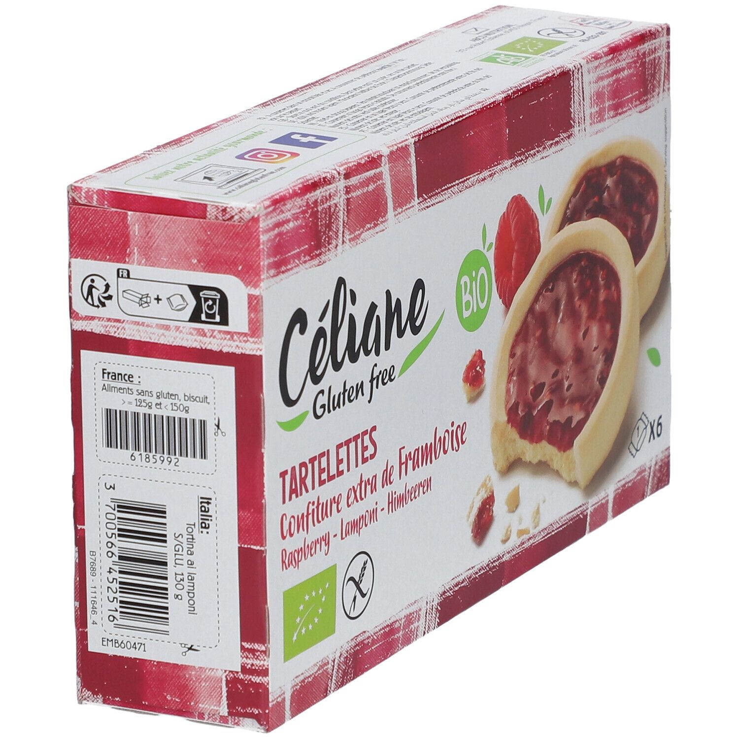 Vue en biais de la boîte de Céliane Tartelettes. Sans gluten. Label Bio. 6 pièces. Confiture de framboise.
