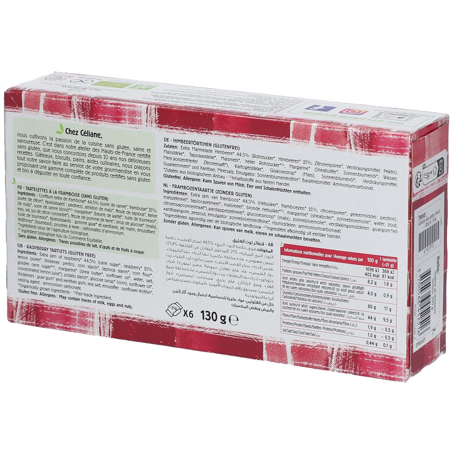 Dos de la boîte de Céliane Tartelettes. Liste des ingrédients, informations nutritionnelles. 6 pièces. 130g.