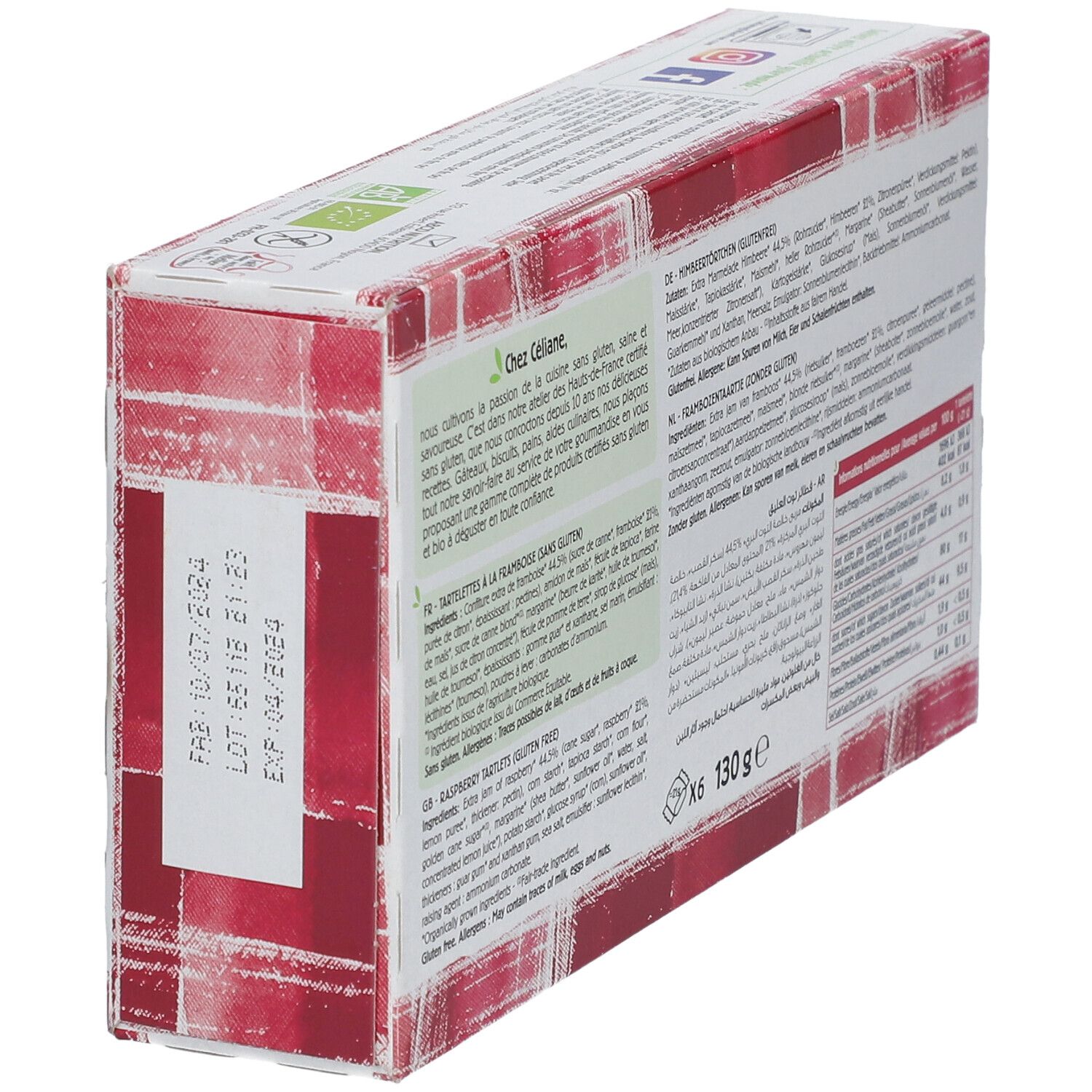 Vue en biais de la boîte de Céliane Tartelettes. Liste des ingrédients, date limite. 130g.