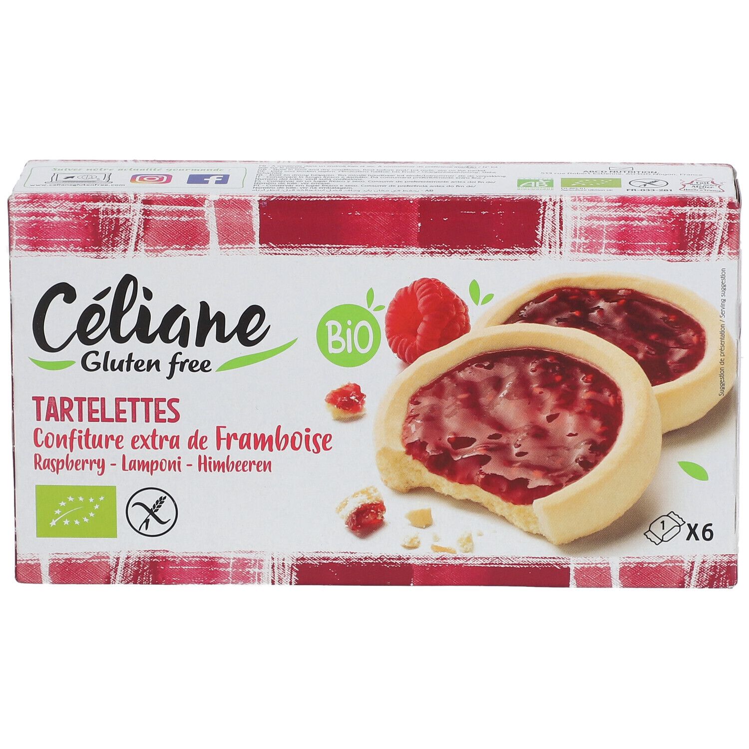 Boîte de Céliane Tartelettes à la Framboise Bio. Sans gluten. 6 pièces. Label Bio. Confiture de framboise.