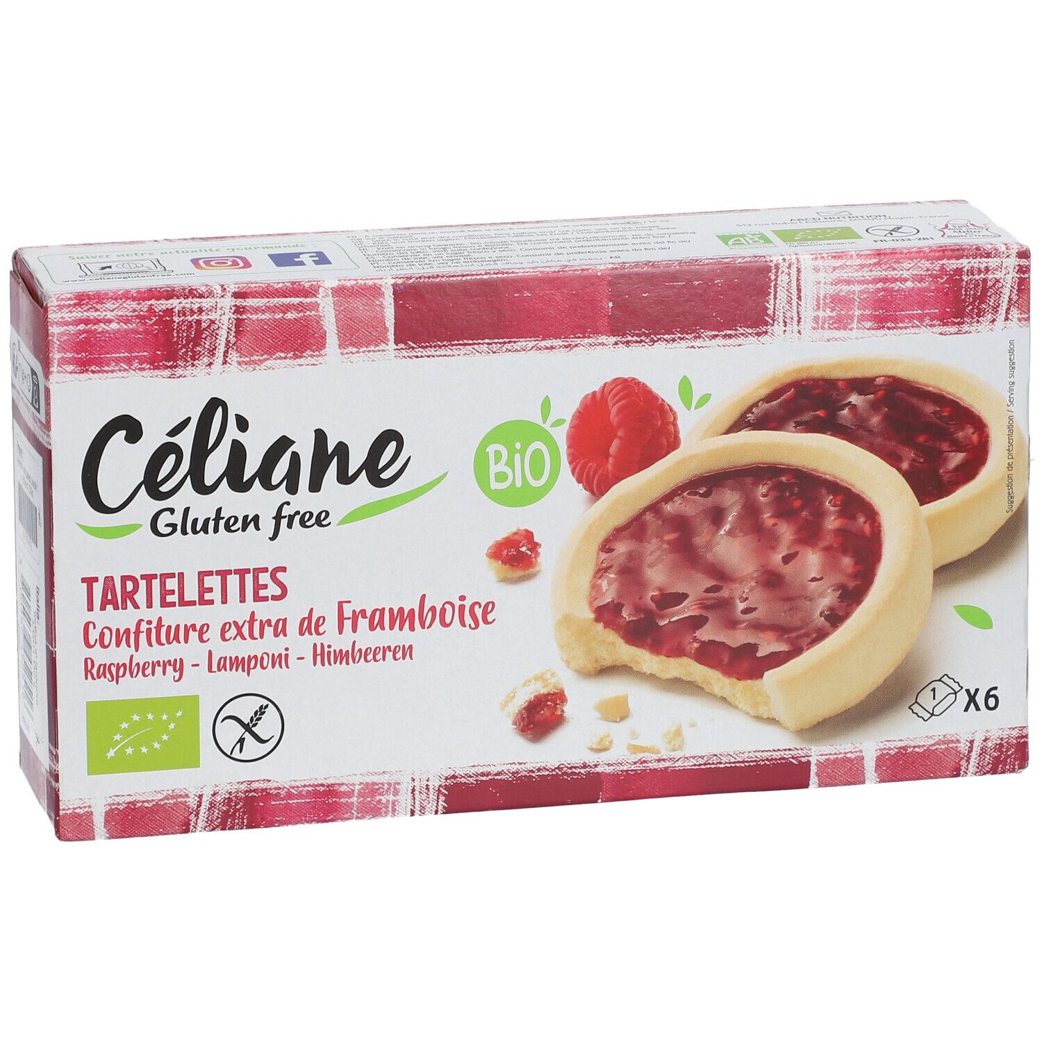 Boîte de Céliane Tartelettes à la Framboise Bio. Sans gluten. 6 pièces. Label Bio. Confiture de framboise.
