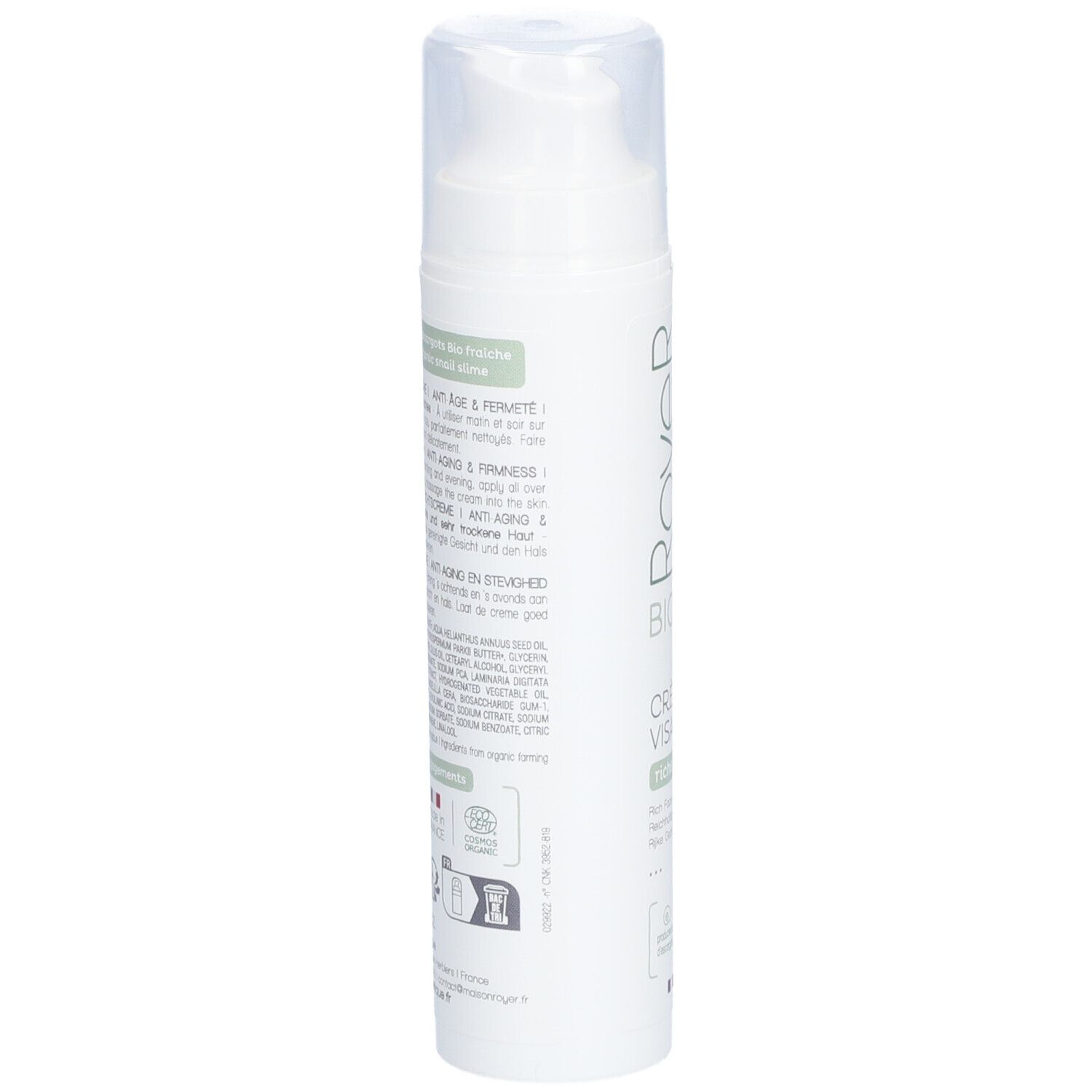 Weiße Flasche Royer Bio Crème Visage. Text auf der Seite: Inhaltsstoffe, Anwendungshinweise, Bio-Zertifizierungen.