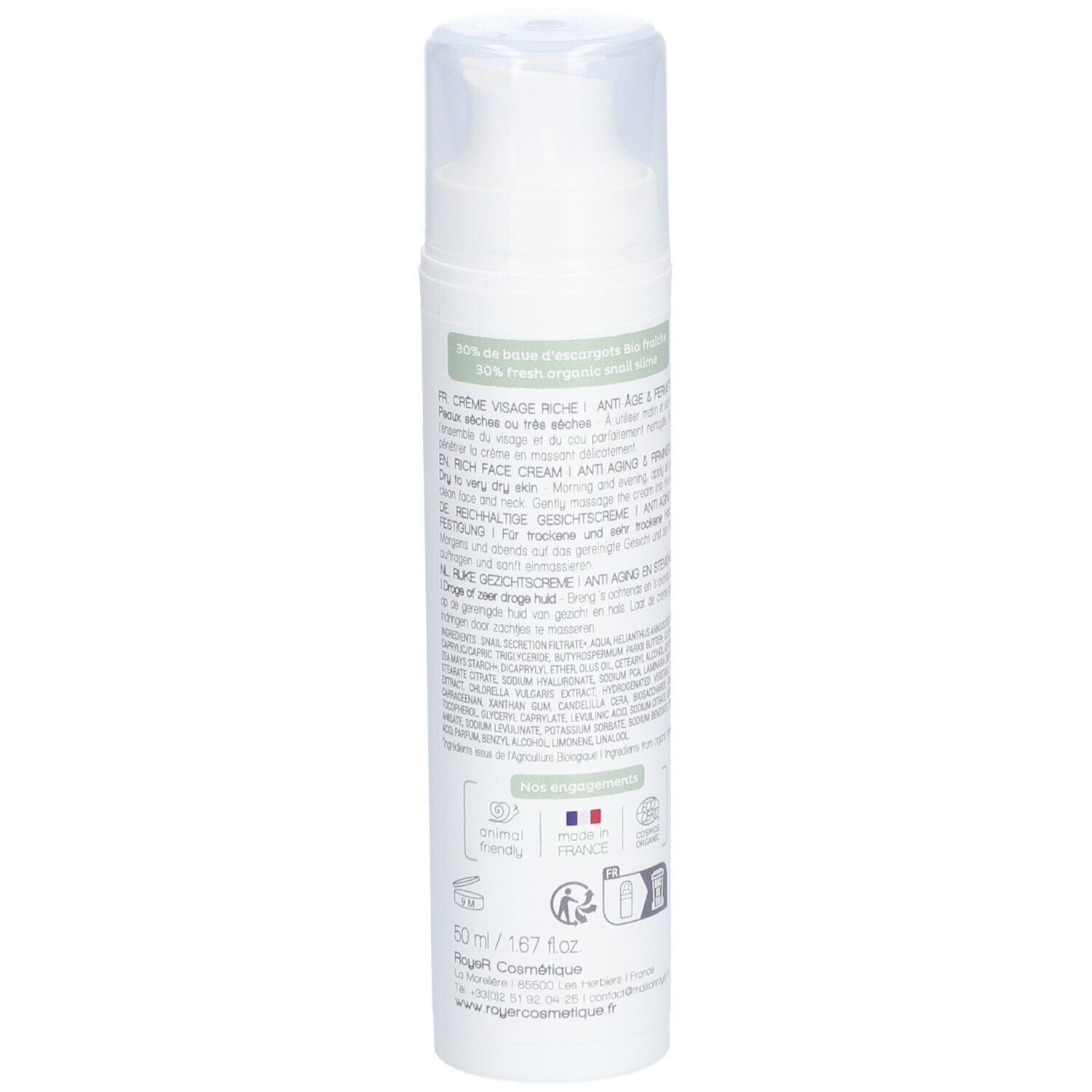 Weiße Flasche Royer Bio Crème Visage. Rückseite mit Text: Inhaltsstoffe, Anwendung, Herstellerinformationen.