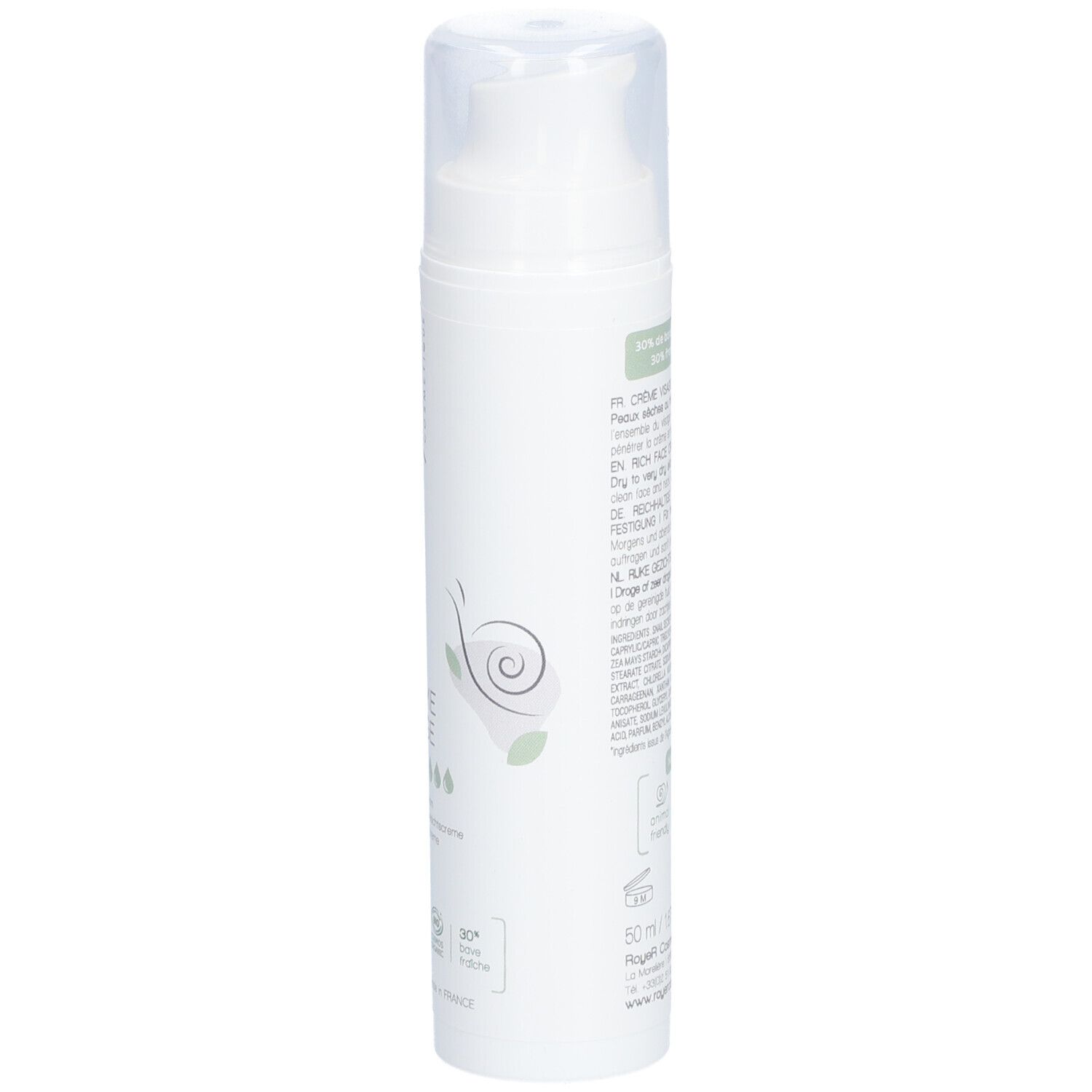 Weiße Flasche Royer Bio Crème Visage. Seite mit Text und Logo. Französische Flagge und Bio-Siegel.