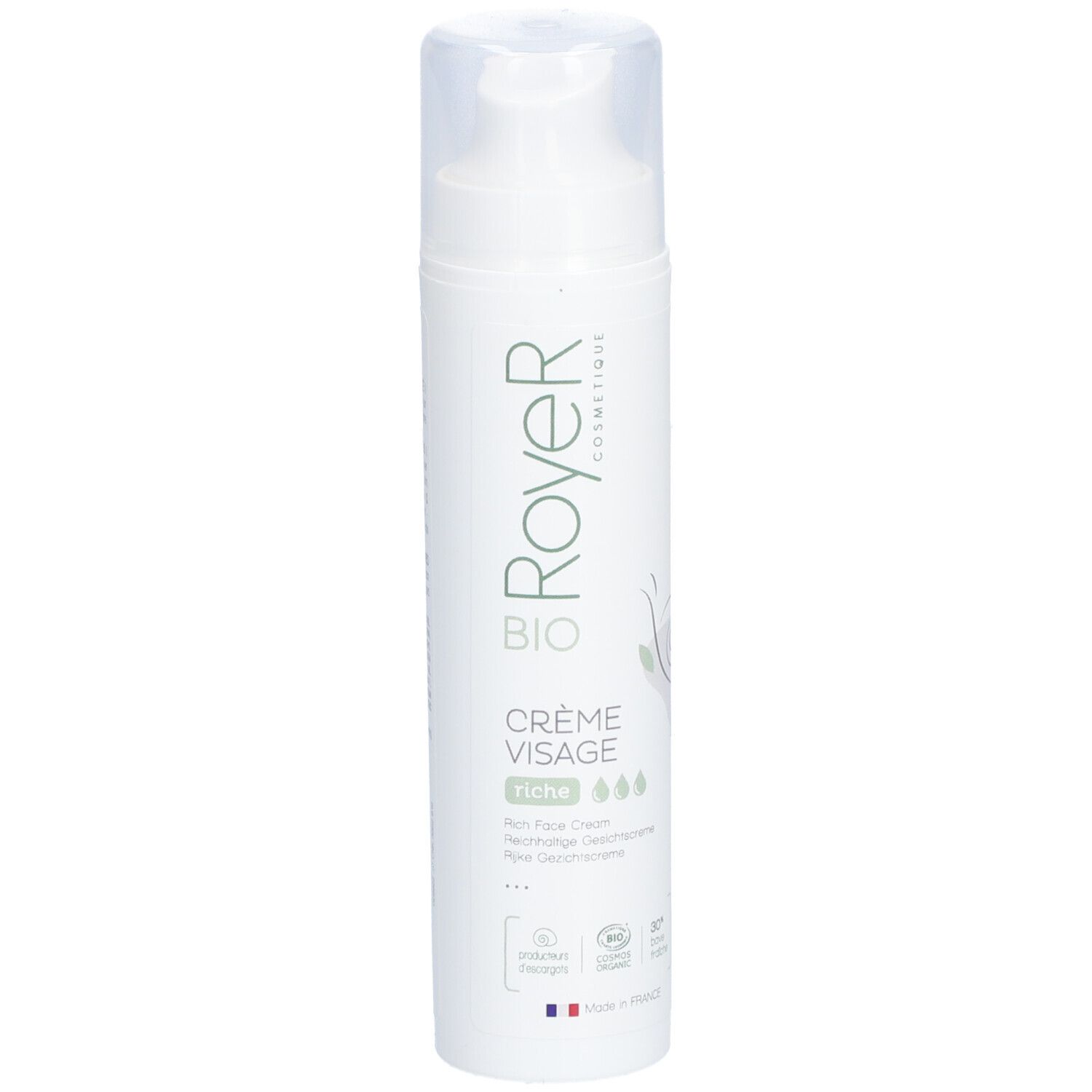 Weiße Flasche Royer Bio Crème Visage mit Spender und transparentem Deckel. Französische Flagge und Bio-Siegel.