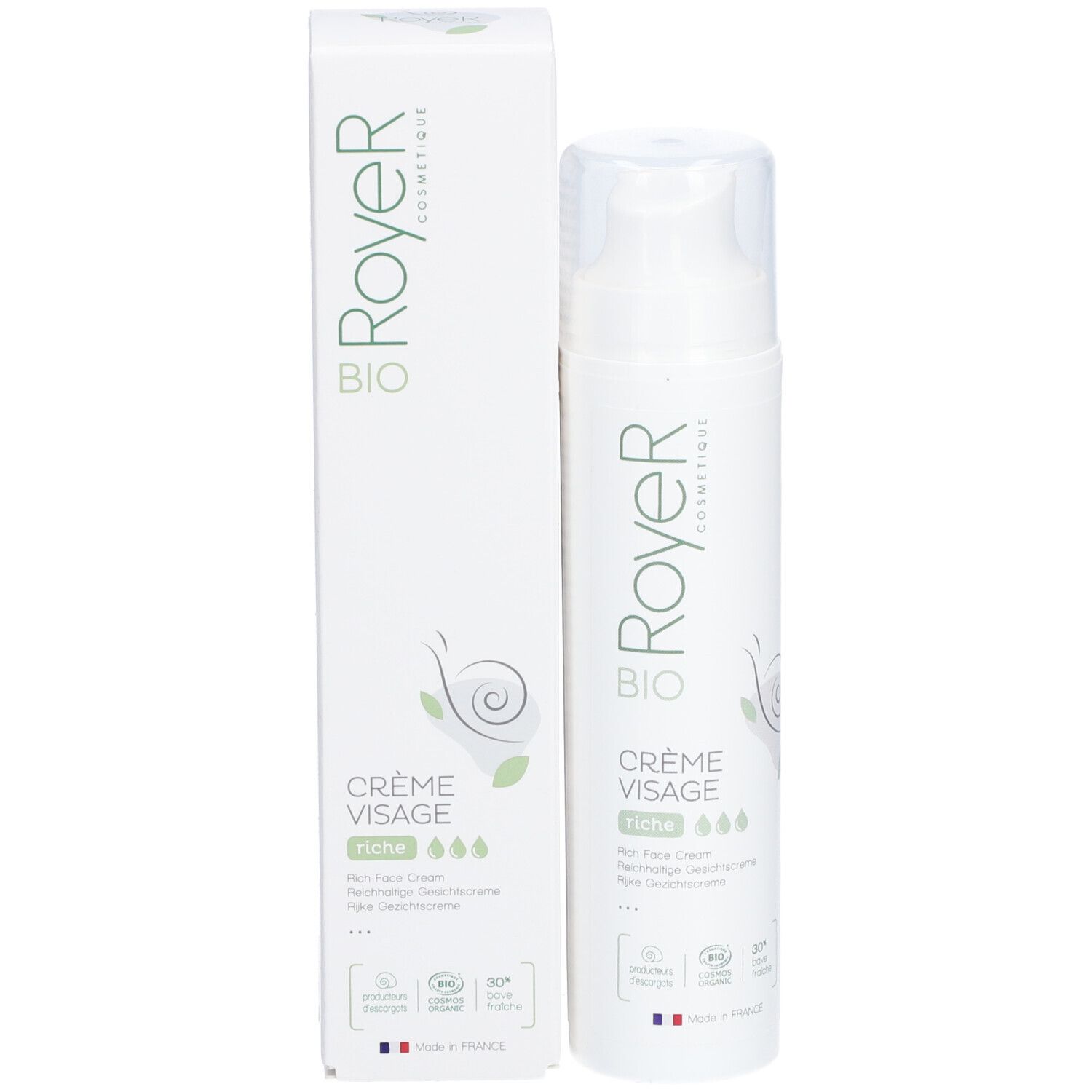 Royer Bio Crème Visage Flasche und Verpackung. Weiß mit Text, Logo und französischer Flagge. Bio-Siegel.