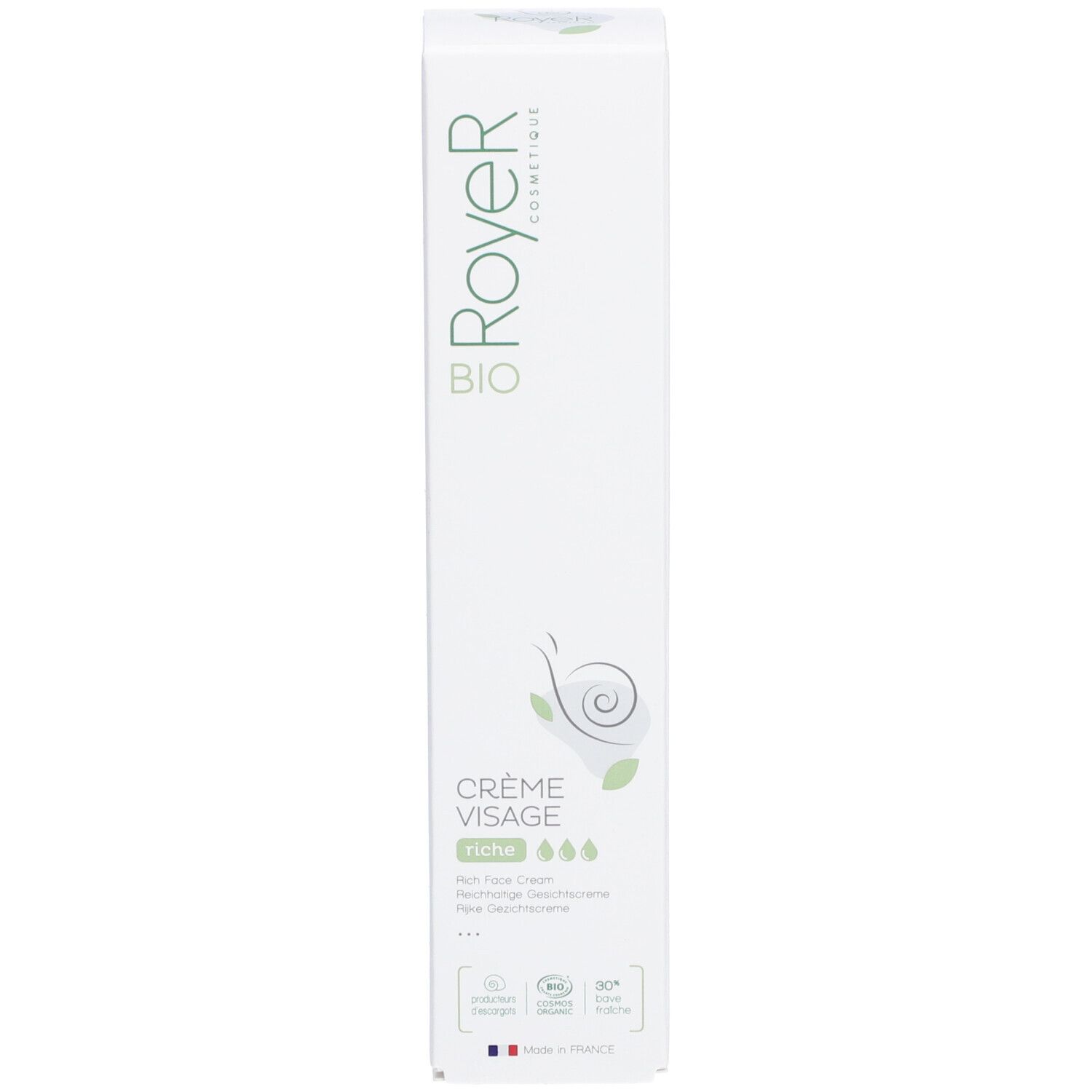 Verpackung für Royer Bio Crème Visage. Weiß mit Text, Logo und französischer Flagge. Bio-Siegel.