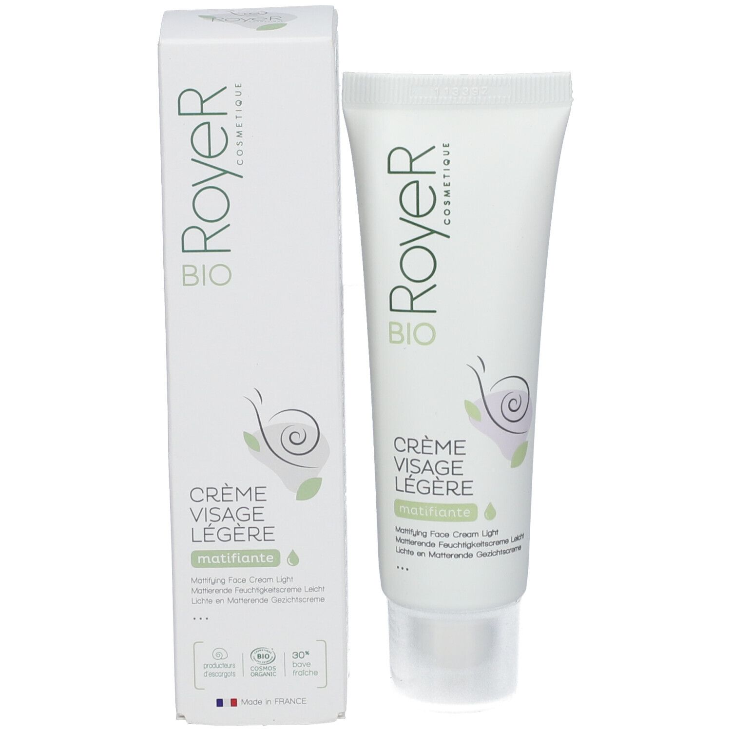 Produktverpackung: Tube und Schachtel. Tube: weiß, grüner Aufdruck. Schachtel: weiß, Text und Logo Royer Cosmétique. Bio-Zertifizierung.