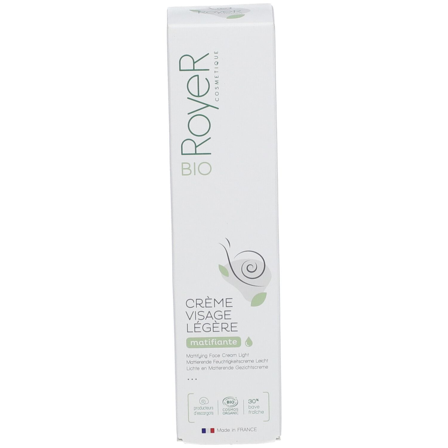 Schachtel, weiß, mit grünem Aufdruck. Text: Crème Visage Légère, mattifiante. Logo: Royer Cosmétique. Bio-Zertifizierung. Hergestellt in Frankreich.