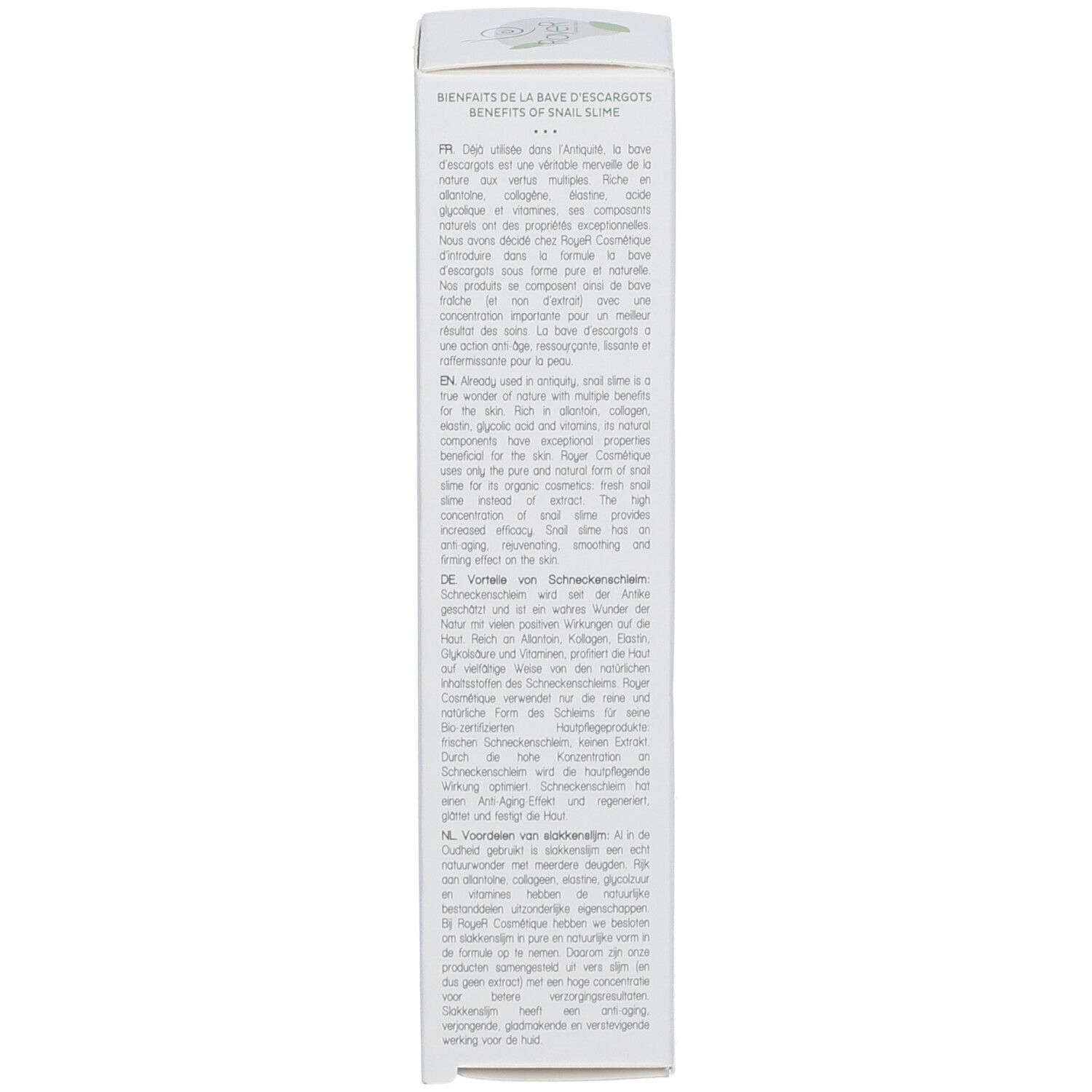 Schachtel, weiß, Text in mehreren Sprachen. Enthält Informationen über die Inhaltsstoffe und Vorteile. Logo: Royer Cosmétique. Bio-Zertifizierung.