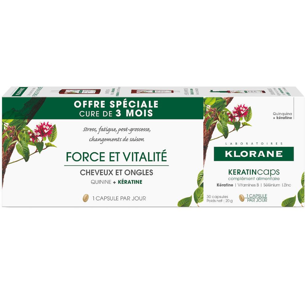 Boîte de Klorane Keratinkapseln. Inscription: Force et Vitalité, Cure de 3 mois. Contient 30 gélules. Emballage vert et blanc.