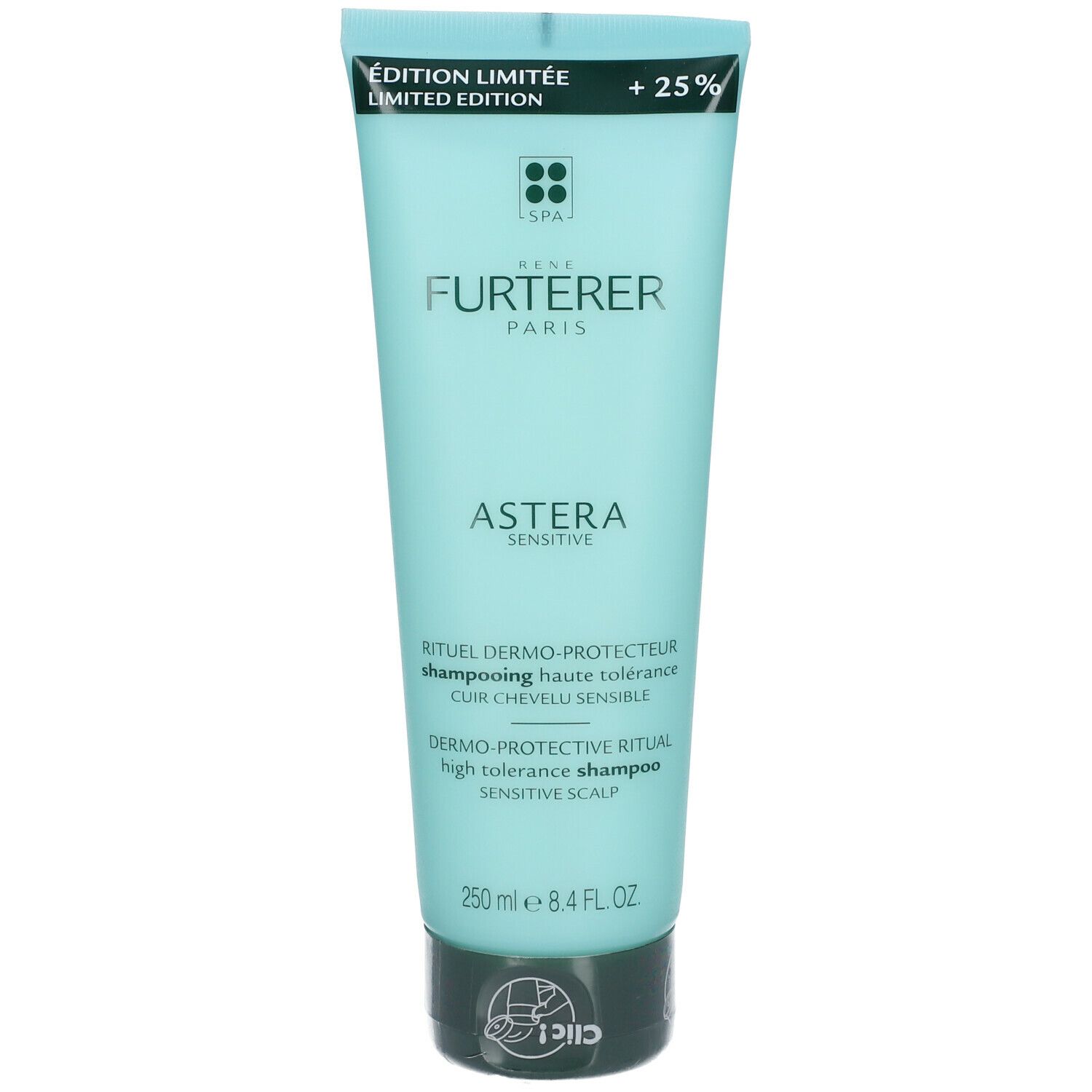 Lichtblauwe shampoo van René Furterer. Opschrift: Astera Sensitive, 250 ml. Limited Edition.