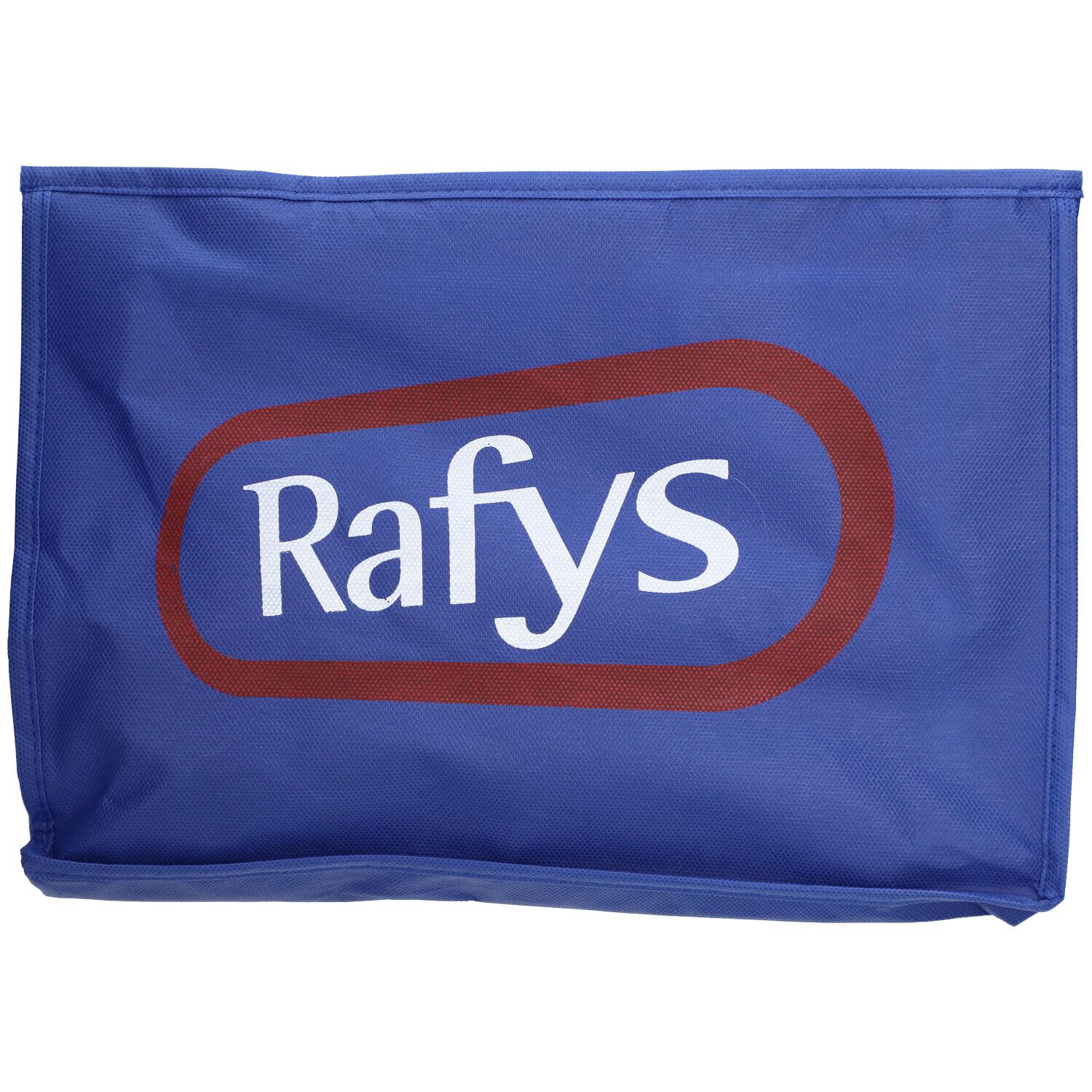 Sac bleu avec ovale rouge et inscription blanche Rafys. Sac simple avec poignées.