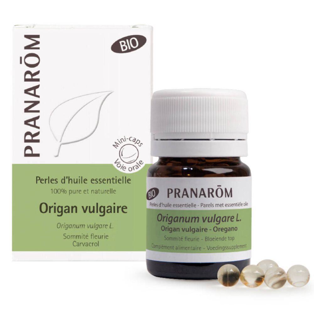 Flacon brun et boîte avec informations produit. Inscription: PRANARÔM, Origan vulgaire Bio. Mini-caps. Certification BIO.