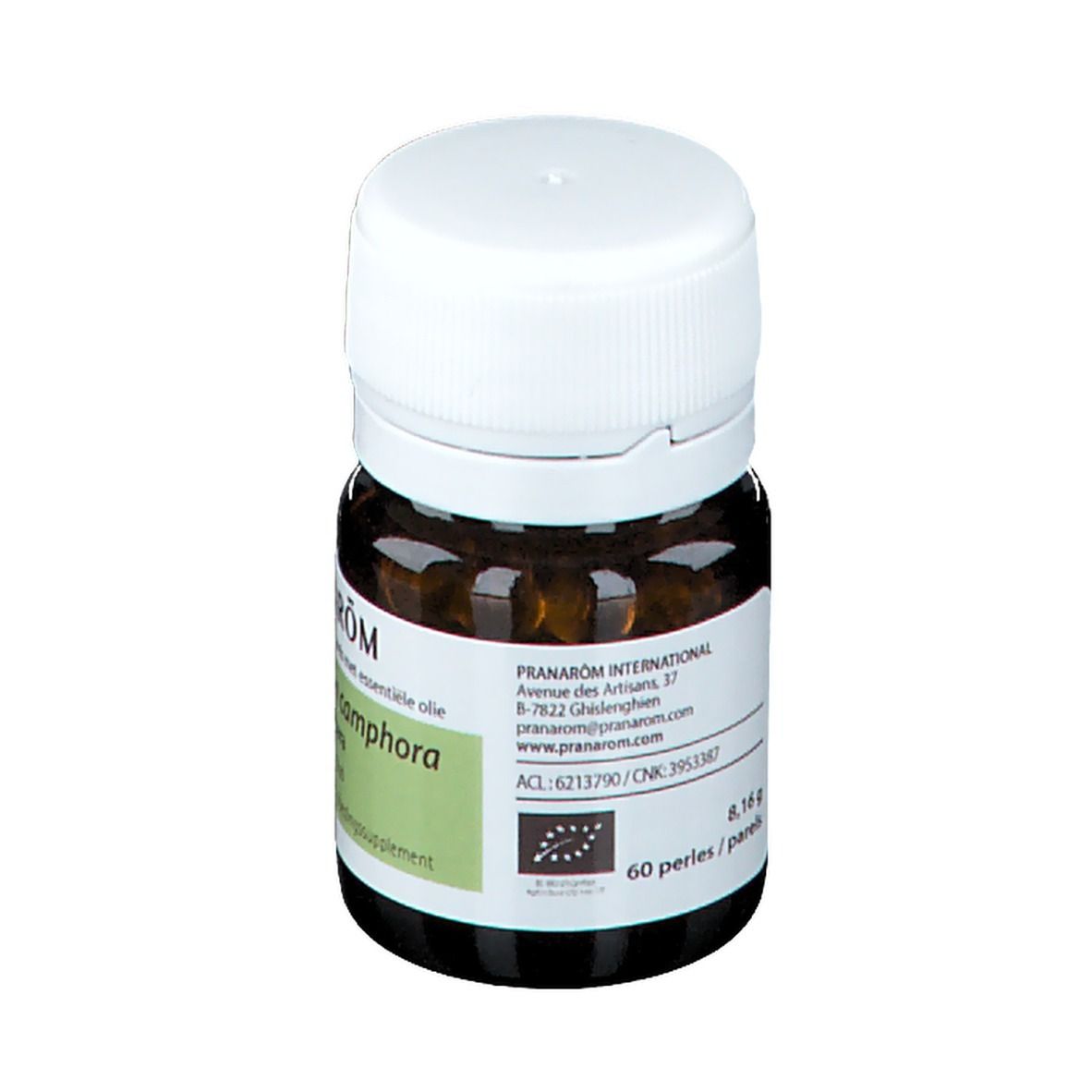 Flacon en verre brun avec bouchon blanc. Étiquette avec informations produit et label BIO. Texte: Pranarôm, 60 perles/parels.