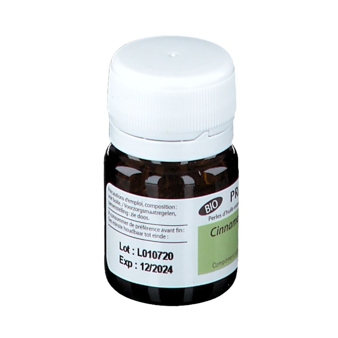 Flacon en verre brun avec bouchon blanc. Étiquette avec informations produit et label BIO. Texte: Pranarôm, date de péremption 12/2024.