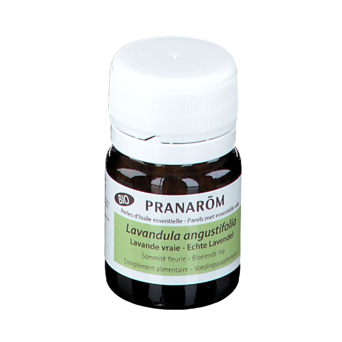 Flacon en verre brun avec bouchon blanc. Étiquette: Pranarôm, Lavandula angustifolia, label bio.