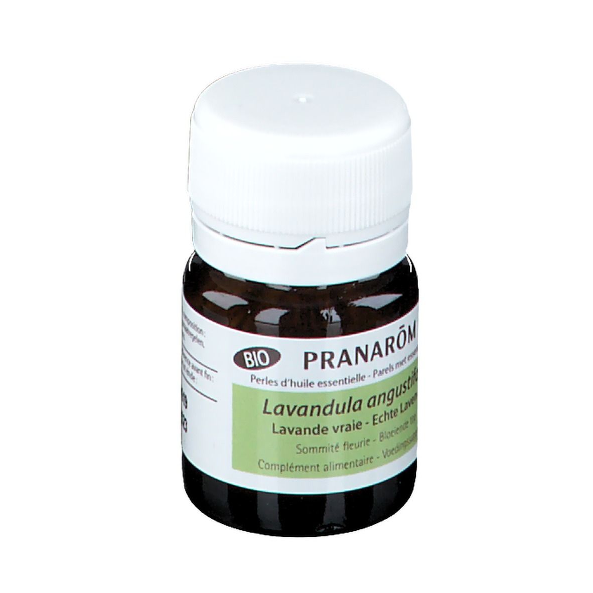 Flacon en verre brun avec bouchon blanc. Étiquette: Pranarôm, Lavandula angustifolia, label bio.