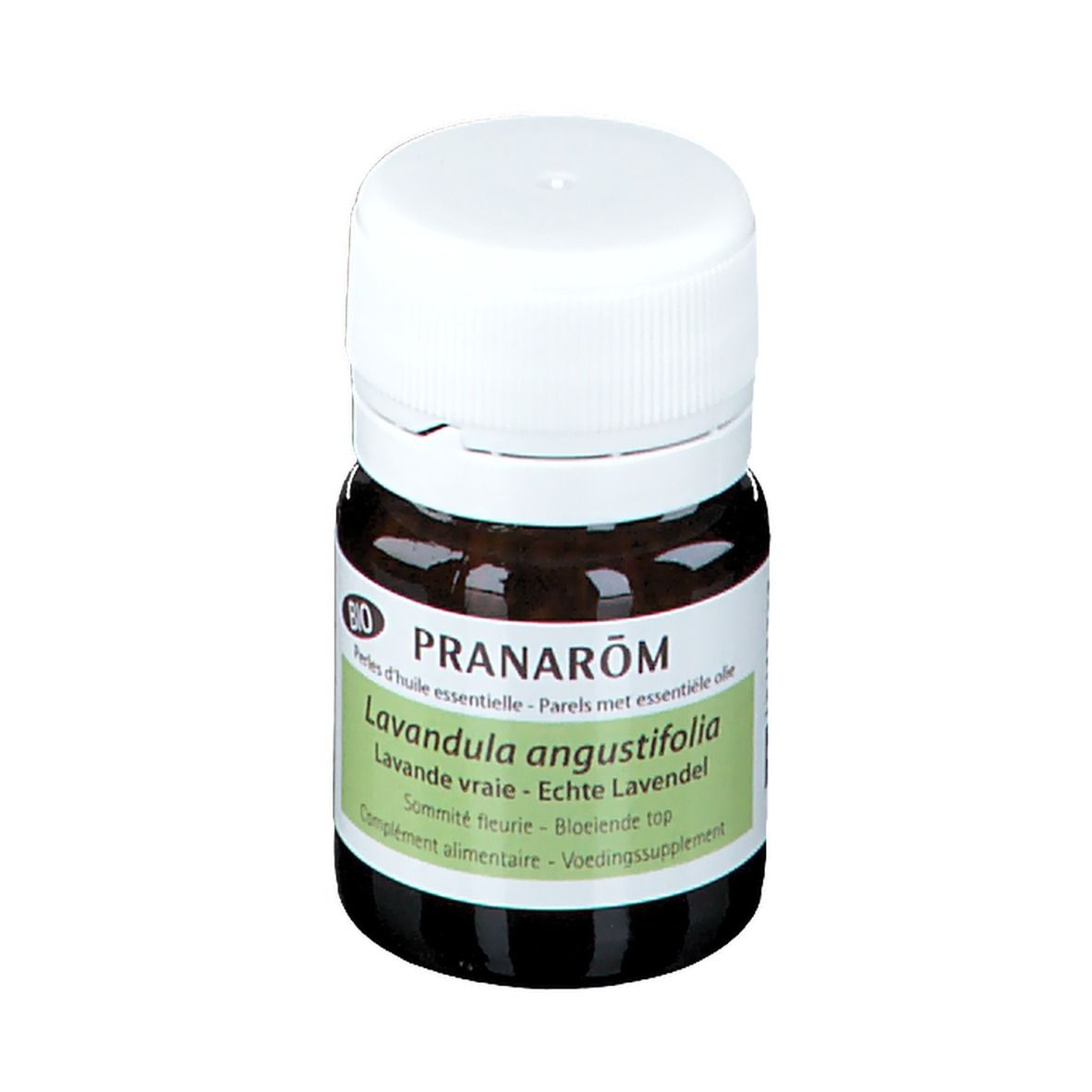 Flacon en verre brun avec bouchon blanc. Étiquette: Pranarôm, Lavandula angustifolia, label bio.