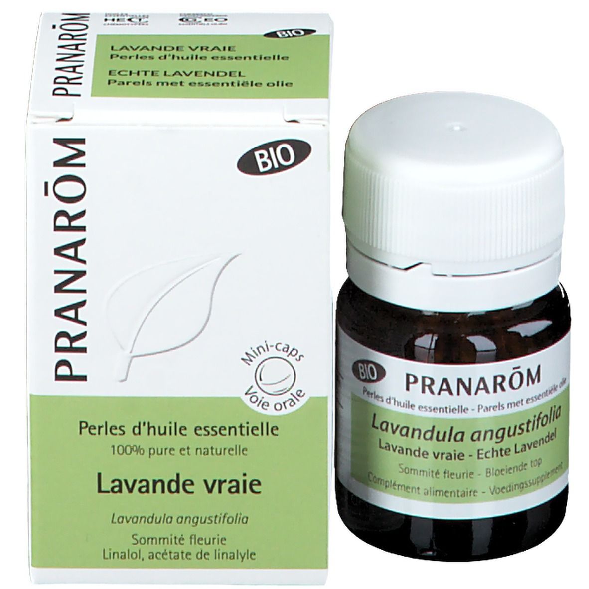 Emballage produit avec flacon. Boîte et flacon: Pranarôm, Lavandula angustifolia, label bio.